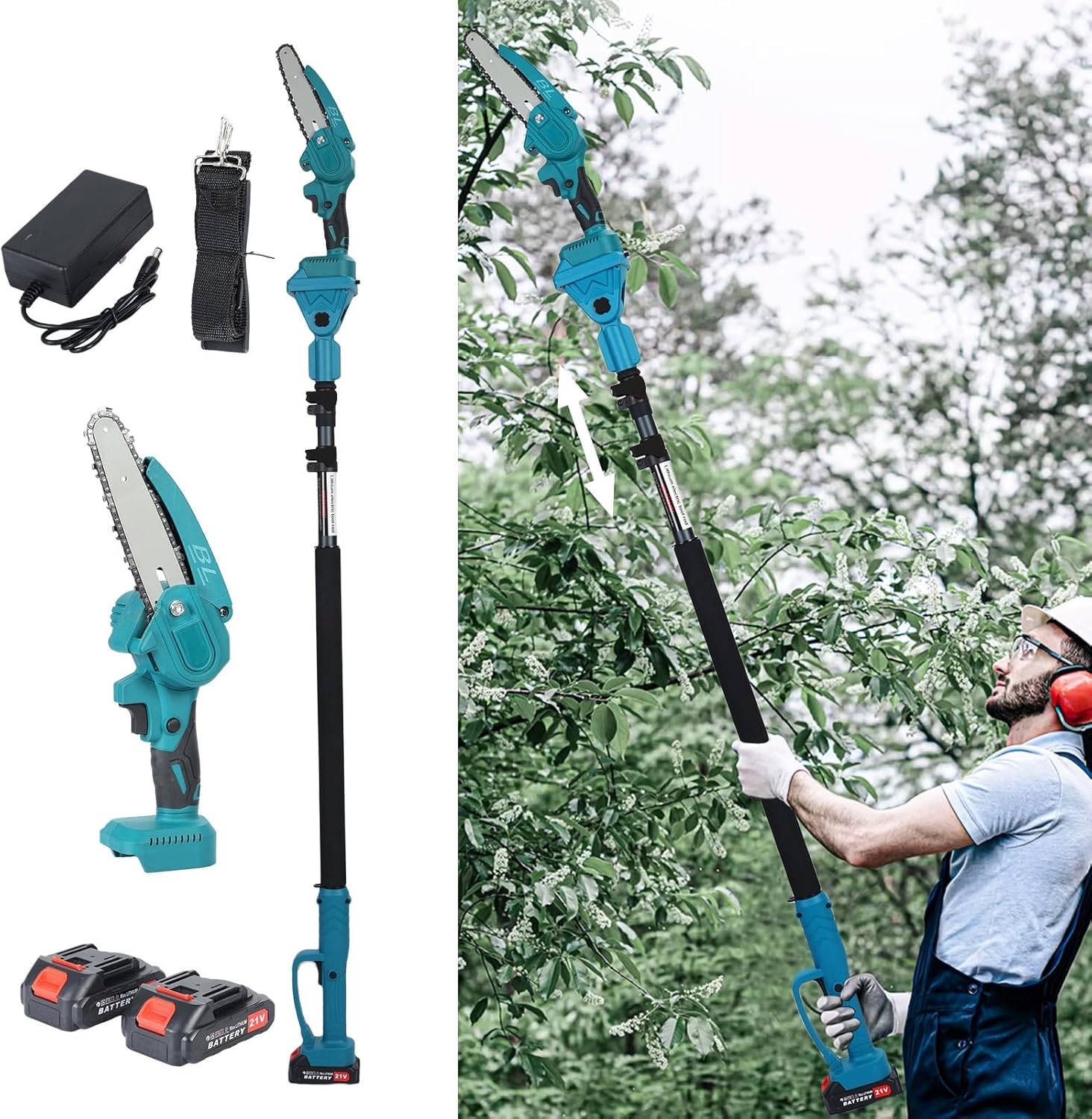 2-in-1 Cordless Pole Saw & Mini Chainsaw, The Ultimate Cordless Pole Saw: 4.6-9.8ft Retractable, 21V 800W Brushless, 2x 2000mAh Batteries for Long-Lasting Garden Use BLUE
