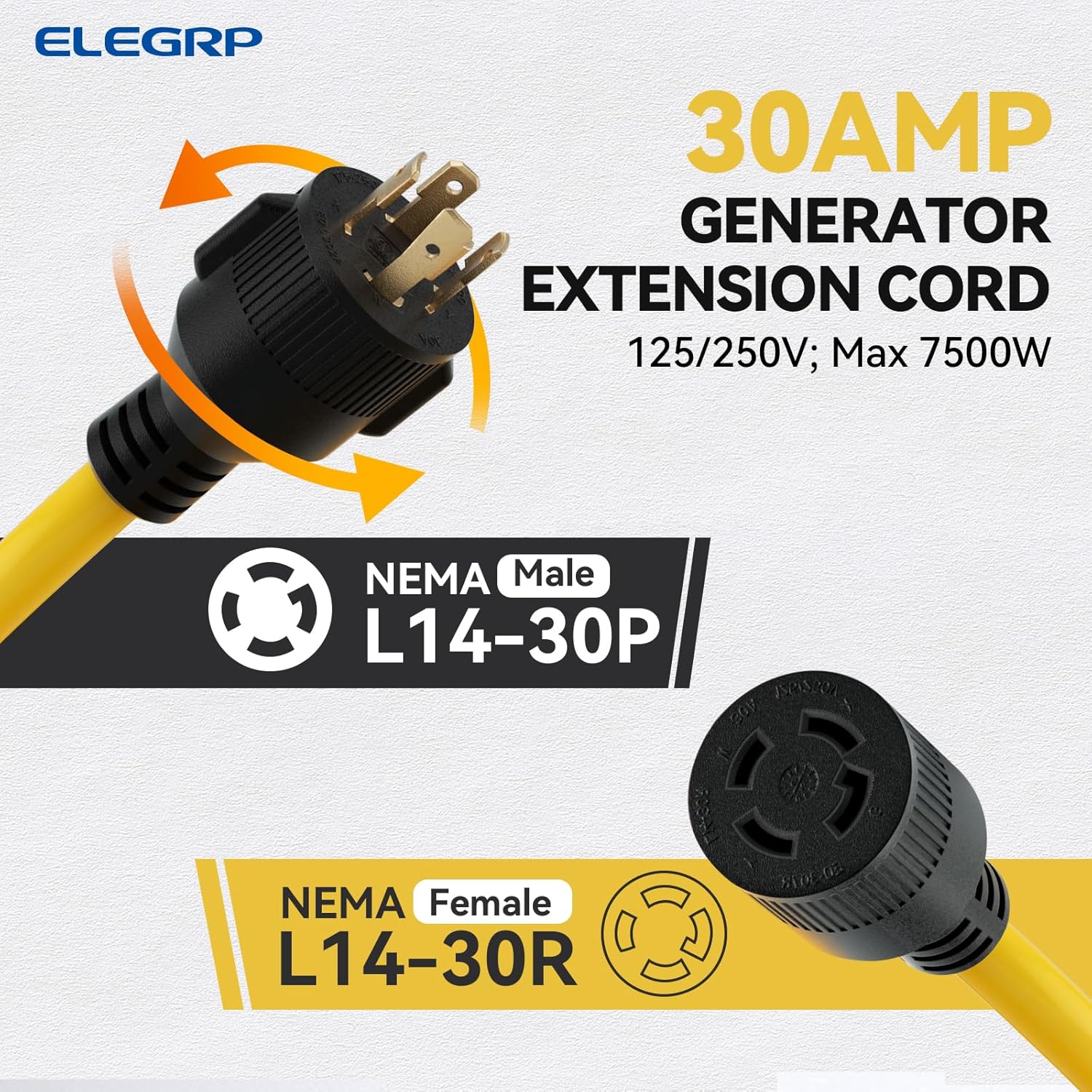 ELEGRP 30 Amp Generator Extension Cord 50 Feet, 4-Prong NEMA L14-30P to L14-30R, 120/250V Up to 7500W, SJTW 10AWG/4C Locking Power Cord for Portable Generators, Home Backup, UL Standard Compliant