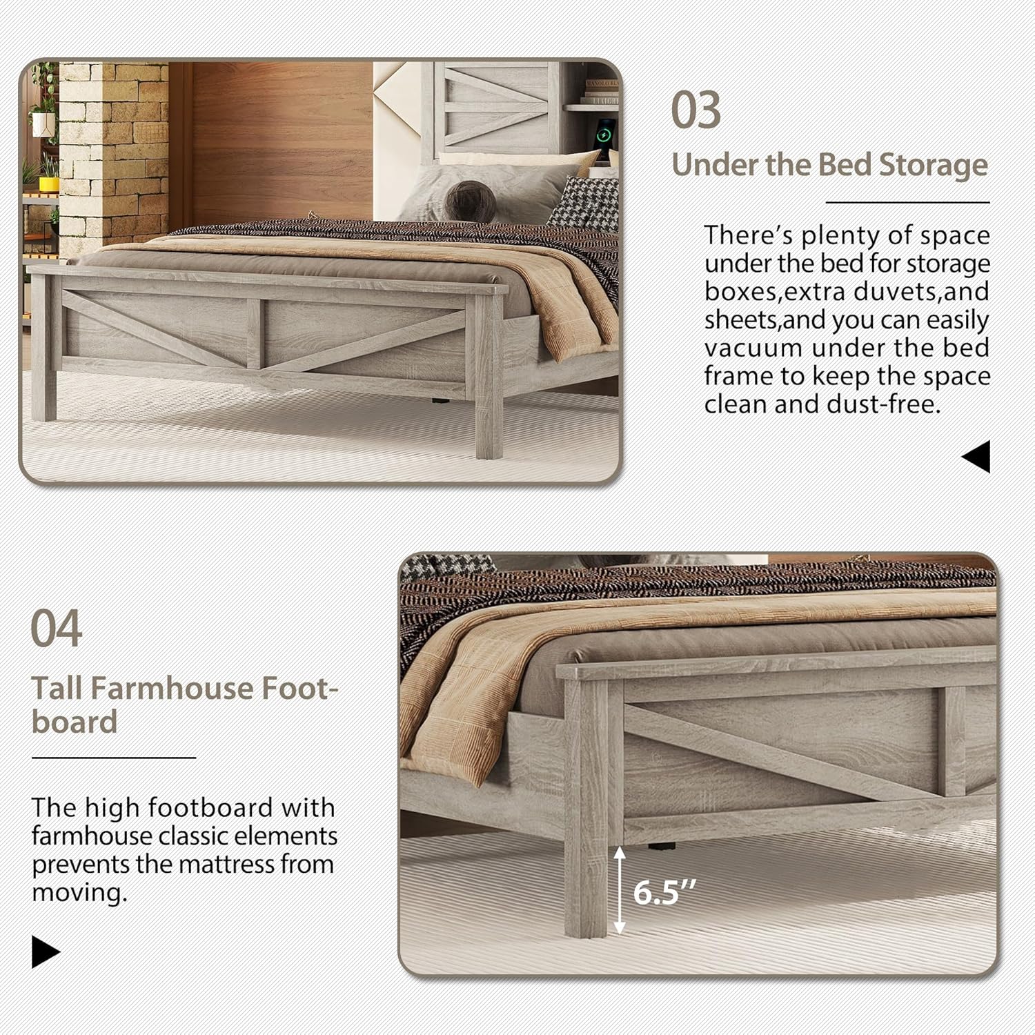 Farmhouse Bed Frame with Storage Headboard and Charging Station, Wood Queen Bed Frame with Sliding Doors, Farmhouse Platform Bed with USB Ports Antique Gray (Product H)