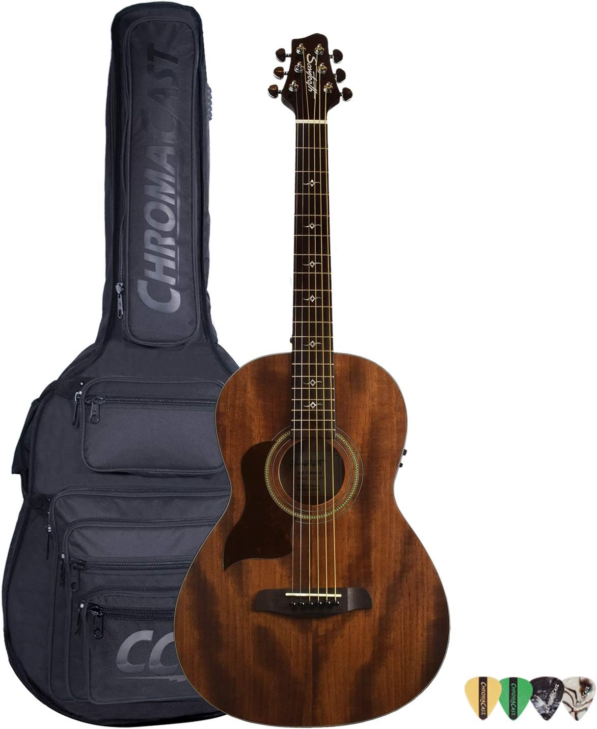 Sawtooth Mahogany Series Left-Handed Solid Mahogany Top Acoustic-Electric Parlor Guitar with Padded Gig Bag and Pick Sampler