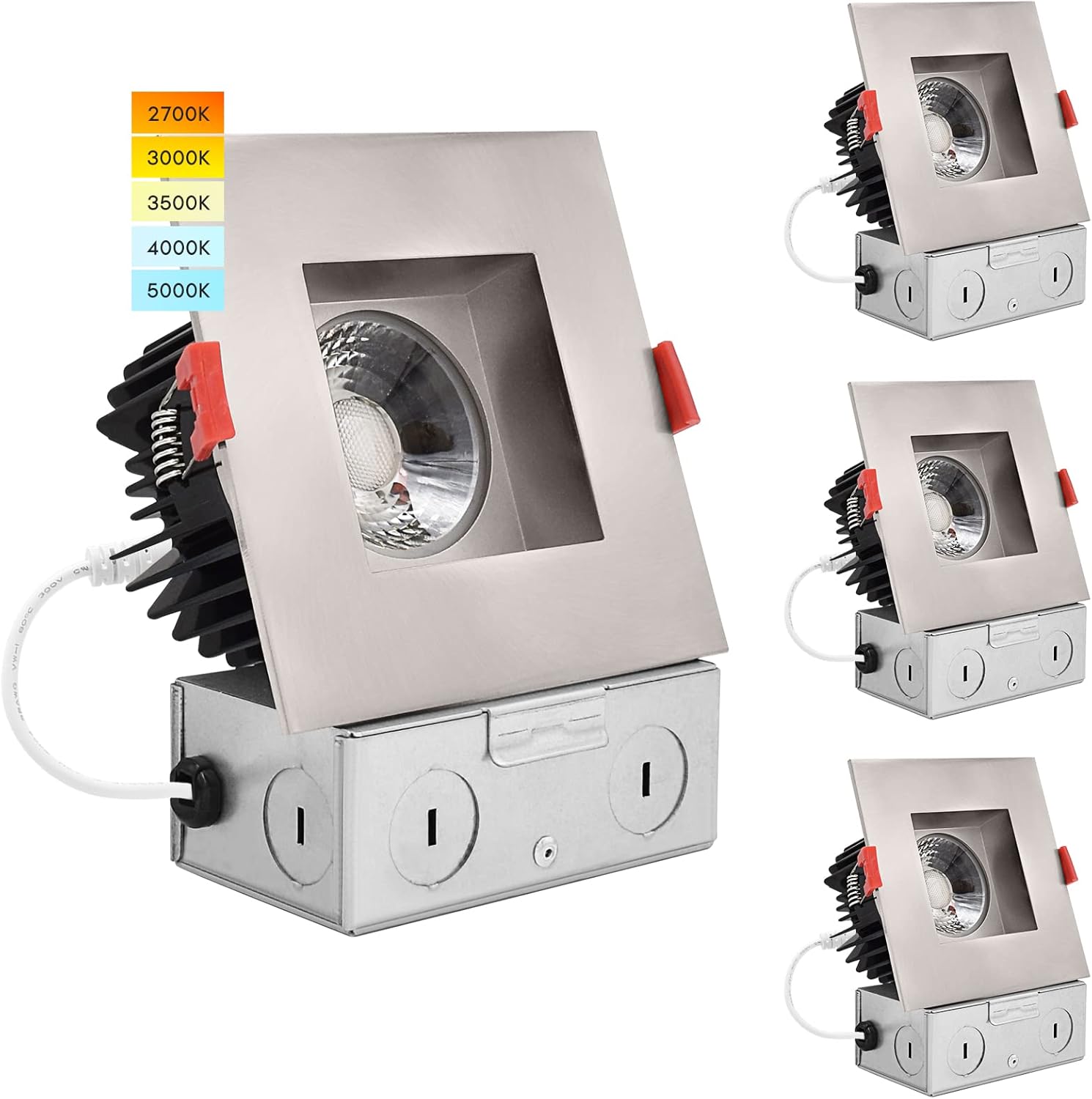 LUXRITE 4 Inch Square LED Recessed Lighting with Junction Box, 15W, 5 Color Selectable 2700K-5000K, 1100 Lumens, 40° Spotlight, Dimmable Downlight, Wet Rated, IC Rated - Brushed Nickel (4 Pack)