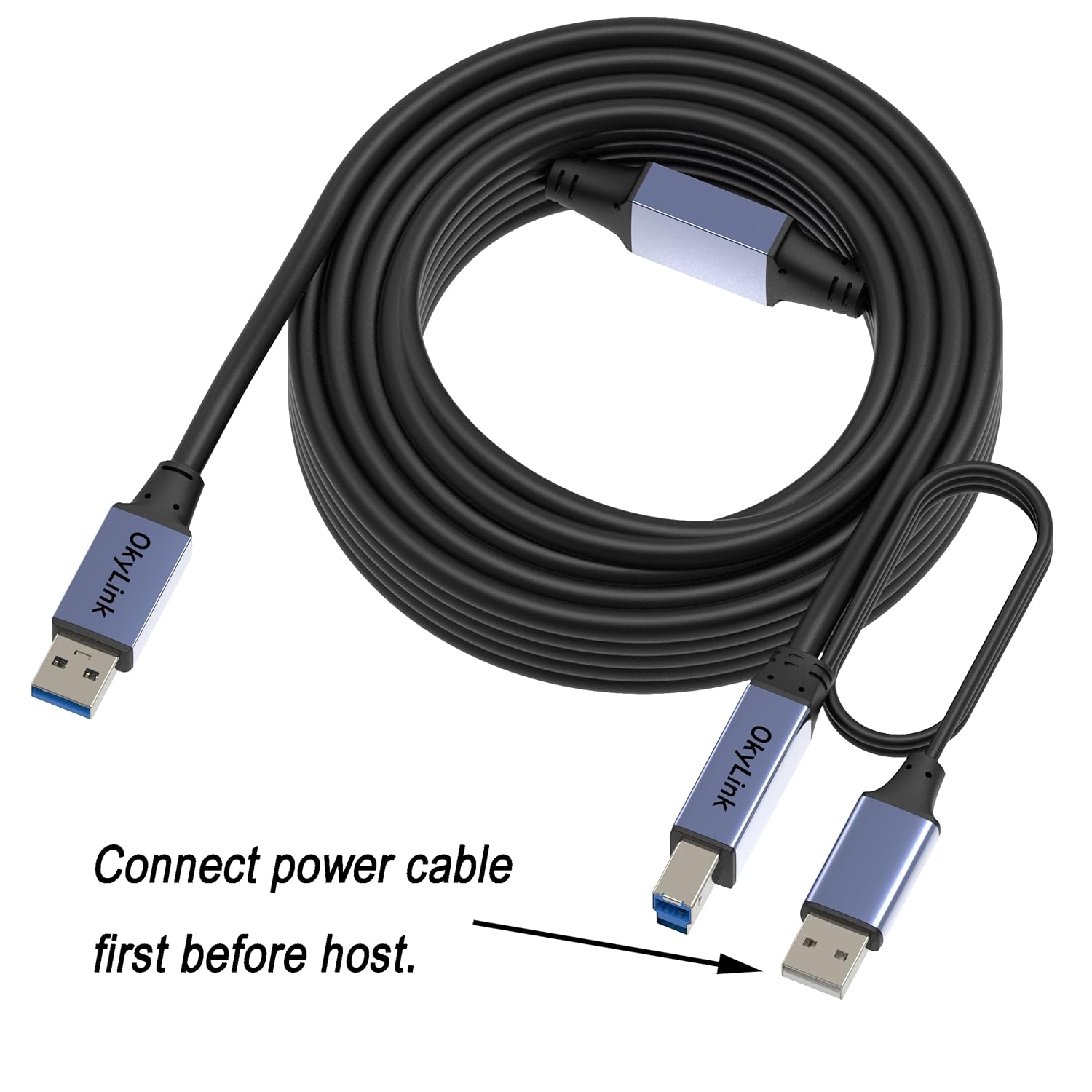 OkyLink 65ft(20M) Active USB 3.0/3.2 Gen 1 Repeater Cable A Male to B Male with Optional Power 5Gbps for Professional Printing, Scanning