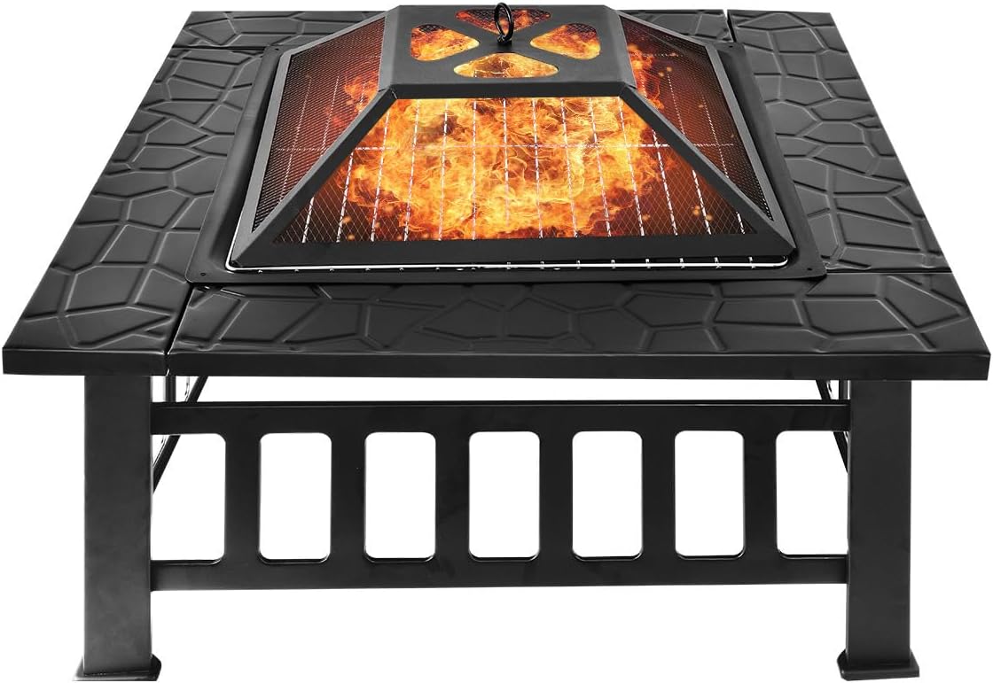 3-in-1 Outdoor Fire Pit with BBQ Grill and Ice Bucket, Square Metal Patio Heater with Decorative Base