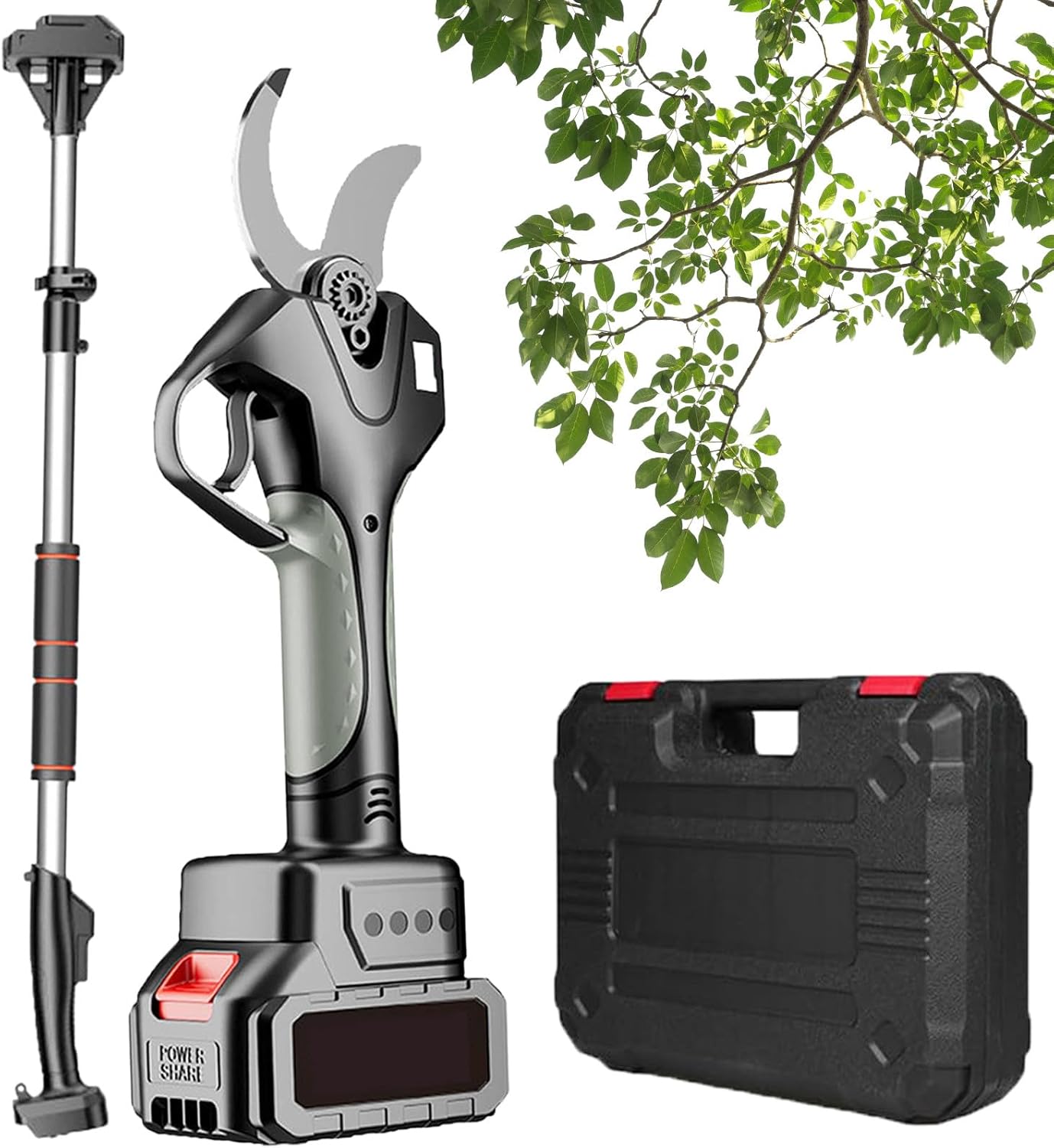 Electric Garden Pruner 60mm Pile Pruner, Cordless Pruning Shears, 2 Rechargeable Batteries 21V, Extension Pole Pruning Shear (7ft High Extension Pole),2*batteries