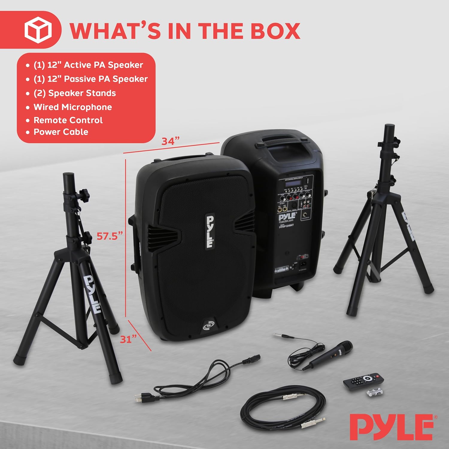 Pyle Wireless Portable PA System Kit - 1800W Peak, Bluetooth Compatible, Active + Passive Pair For Indoor / Outdoor Sound, Multiple Inputs-USB SD AUX XLR RCA, Comes With 2 Stands, Wired Mic, Remote