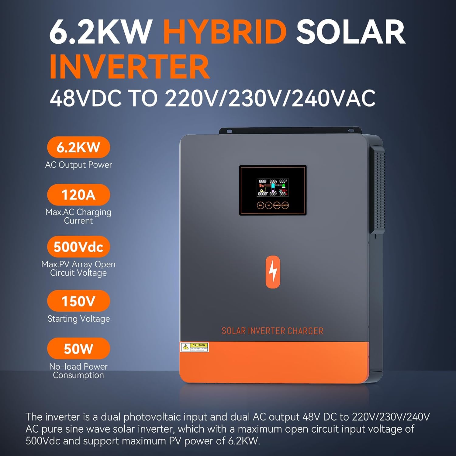PowMr 6200W Solar Inverter 48V DC to 220-230VAC,Off-Grid Hybrid Inverter with 120A MPPT Solar Charge Controller, Work with 48V Lead Acid & Lithium Battery