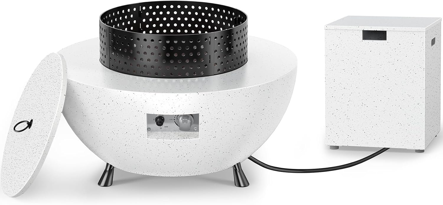 Ciays 29″ Propane Fire Pit with Windproof Guard, 50,000 BTU Outdoor Gas Fire Pit Table with CSA Certification, with Black Lava Rocks, Adjustable Legs, Round Fire Table for Patio, Garden, White