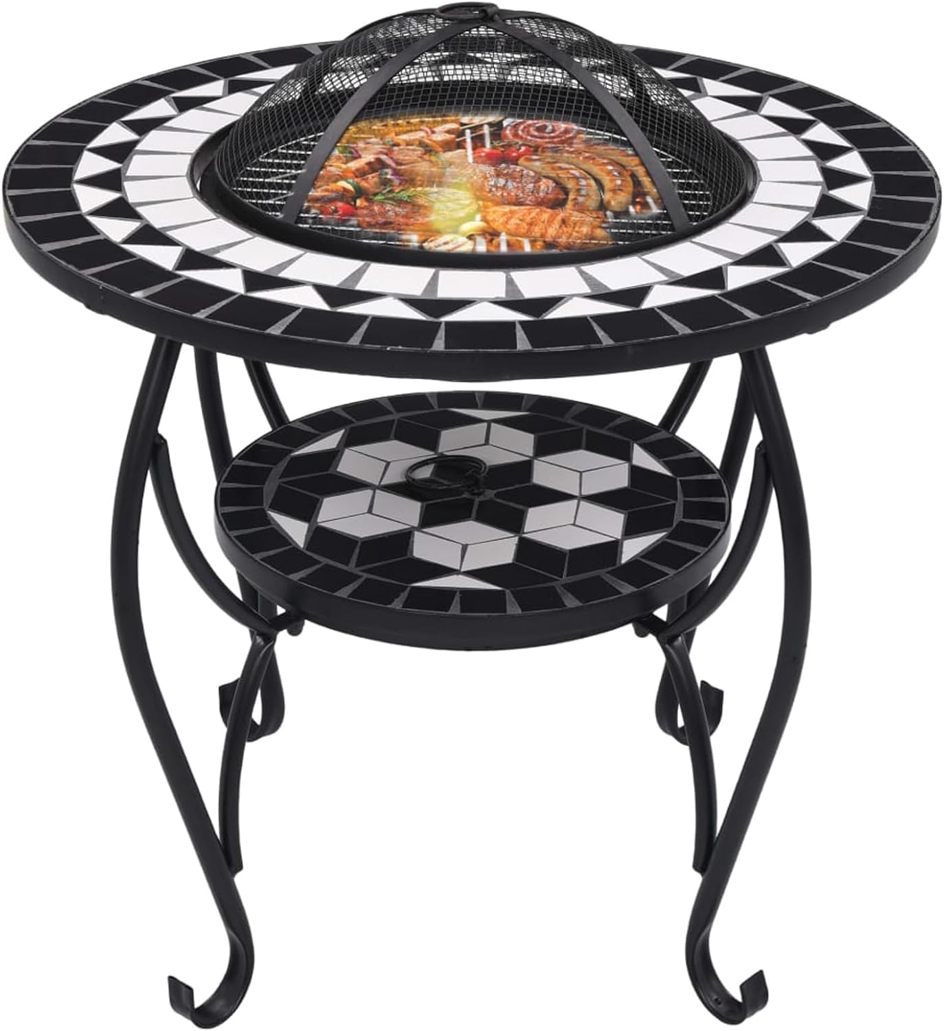 Black and White Steel Fire Pit Table with Ceramic Surface - Garden Patio Heater & BBQ Model LYKLYD-46725US