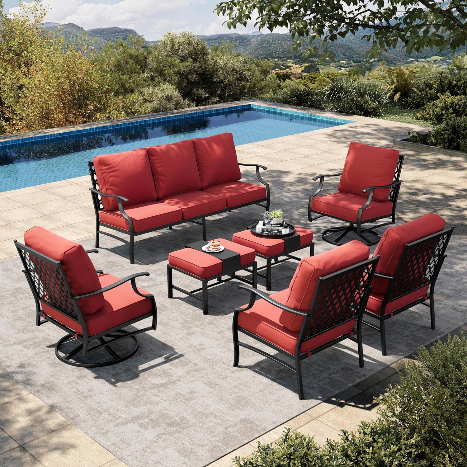 HERA'S HOUSE 7 Piece Patio Furniture Set, 2 x Swivel Chair, 2 x Leg Chair, 2 x Ottoman, 1 x 3-Seat Sofa, All Cushioned 9 Seats Metal Outdoor Conversation Set for Lawn Garden Backyard