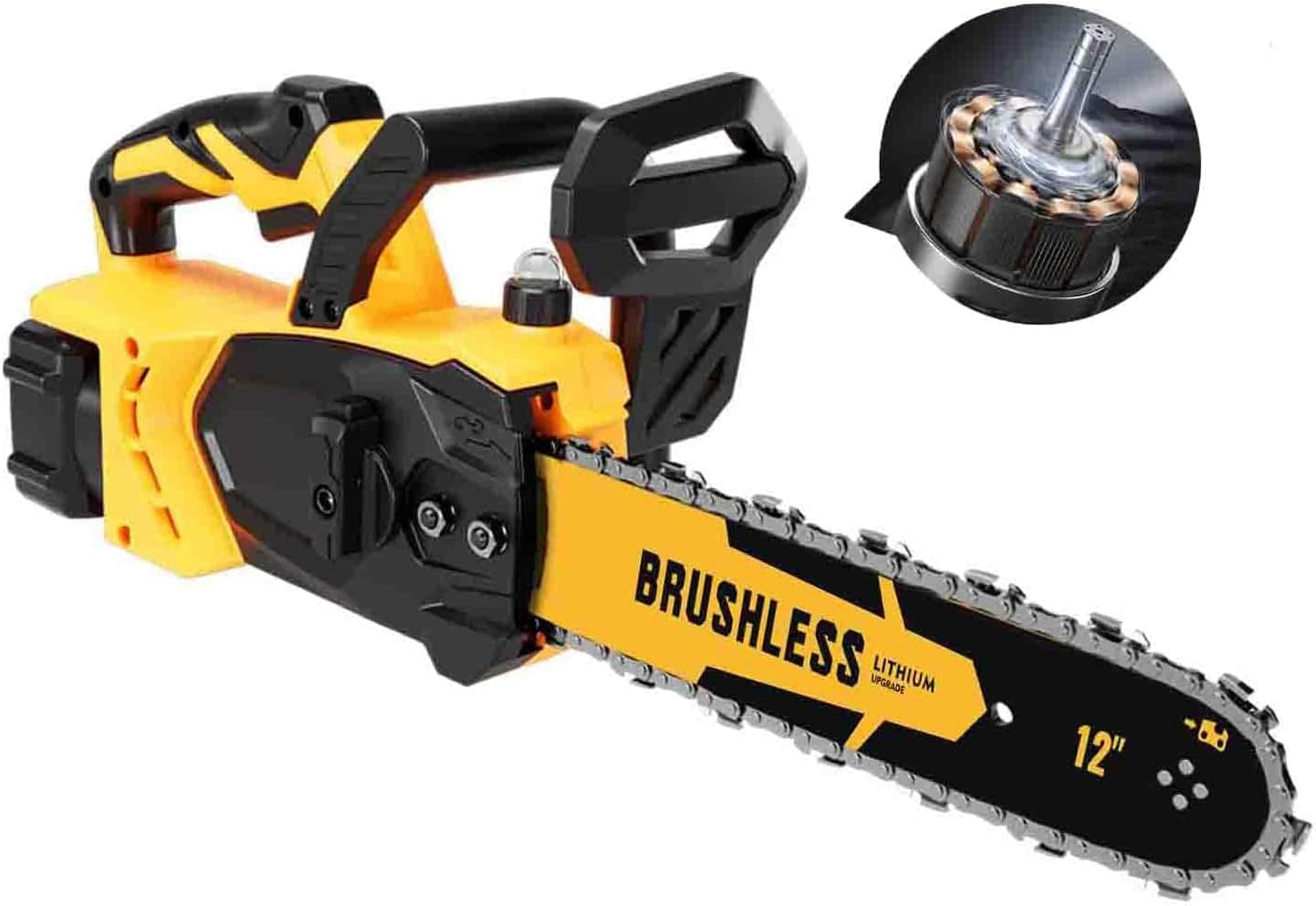12 Inch Brushless Cordless Chainsaw Compatible with Dewalt 20v Max Battery with Auto Oiler, 45Ft/s 1100W Electric High-Efficiency, No Installation Required, Yellow (Battery Not Included)
