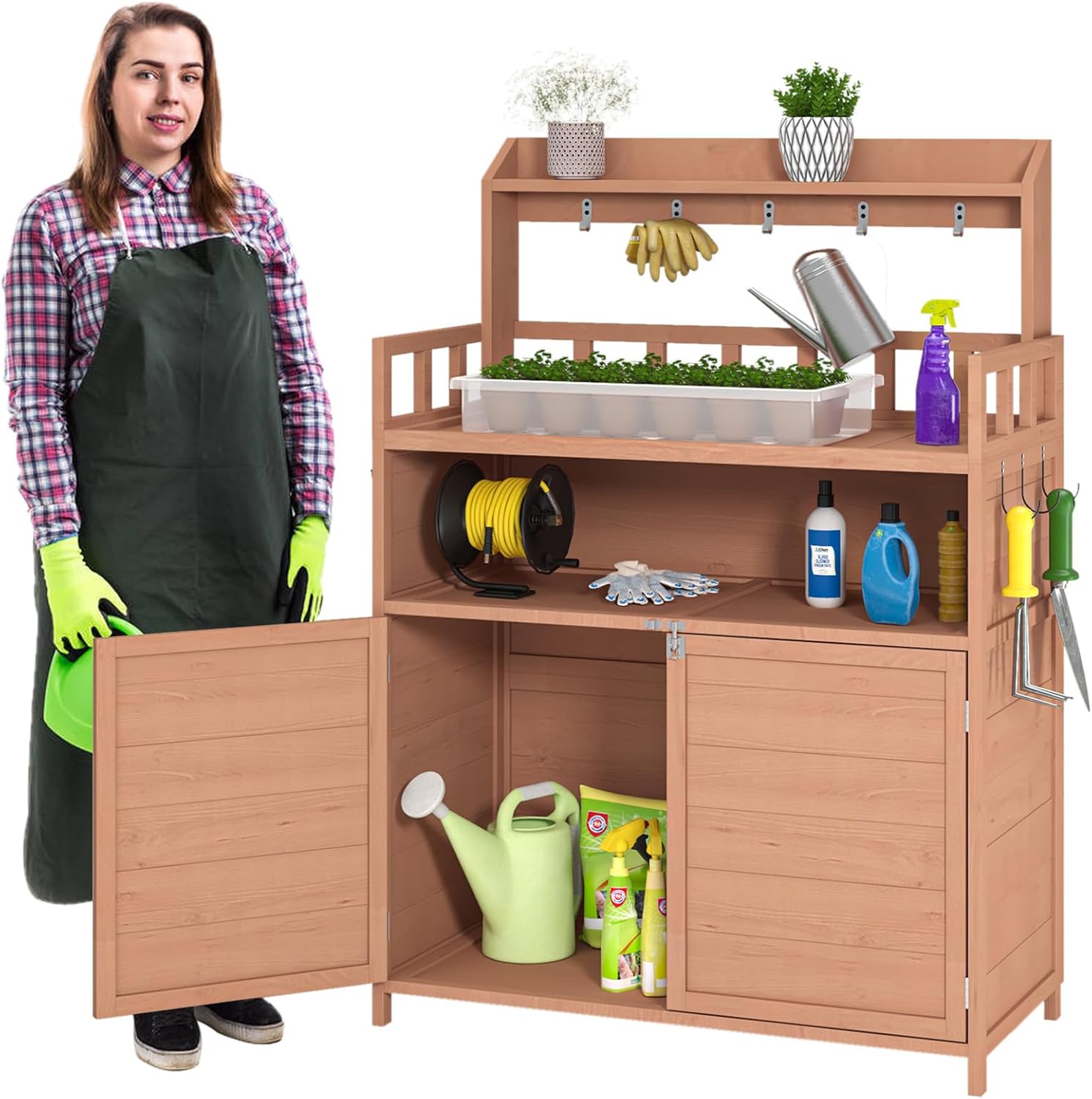 Outdoor Potting Bench with Storage Cabinet & Top Shelf, Wooden Garden Potting Table for Outside, Planting Workstation for Greenhouse, Patio, Backyard (Brown)