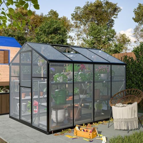 6x8 FT Greenhouse for Outdoors, Polycarbonate with Quick Setup Structure and Roof Vent, Aluminum Large Walk-in Greenhouse for Outside Garden Backyard, Black,be Shipped in 2 Separate parcels