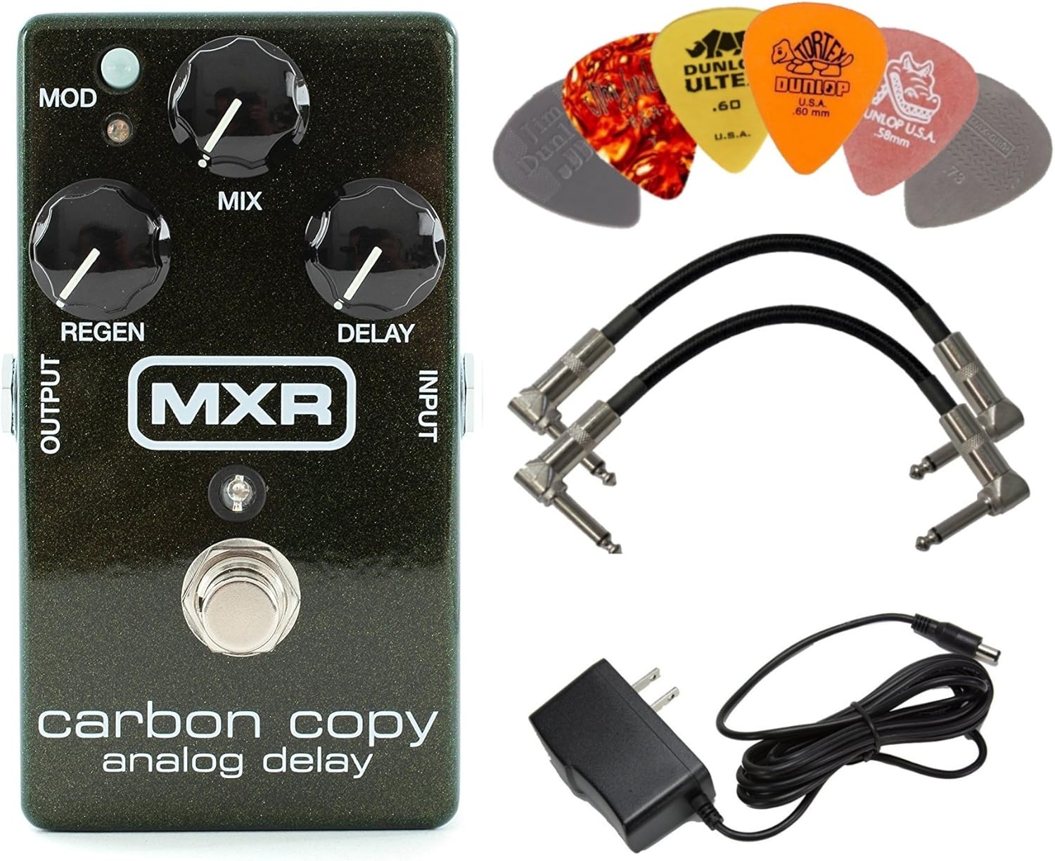 MXR M169 Carbon Copy Analog Delay Pedal BUNDLE with AC/DC Adapter Power Supply for 9 Volt DC 1000mA, 2 Metal-Ended Guitar Patch Cables AND 6 Dunlop Guitar Picks