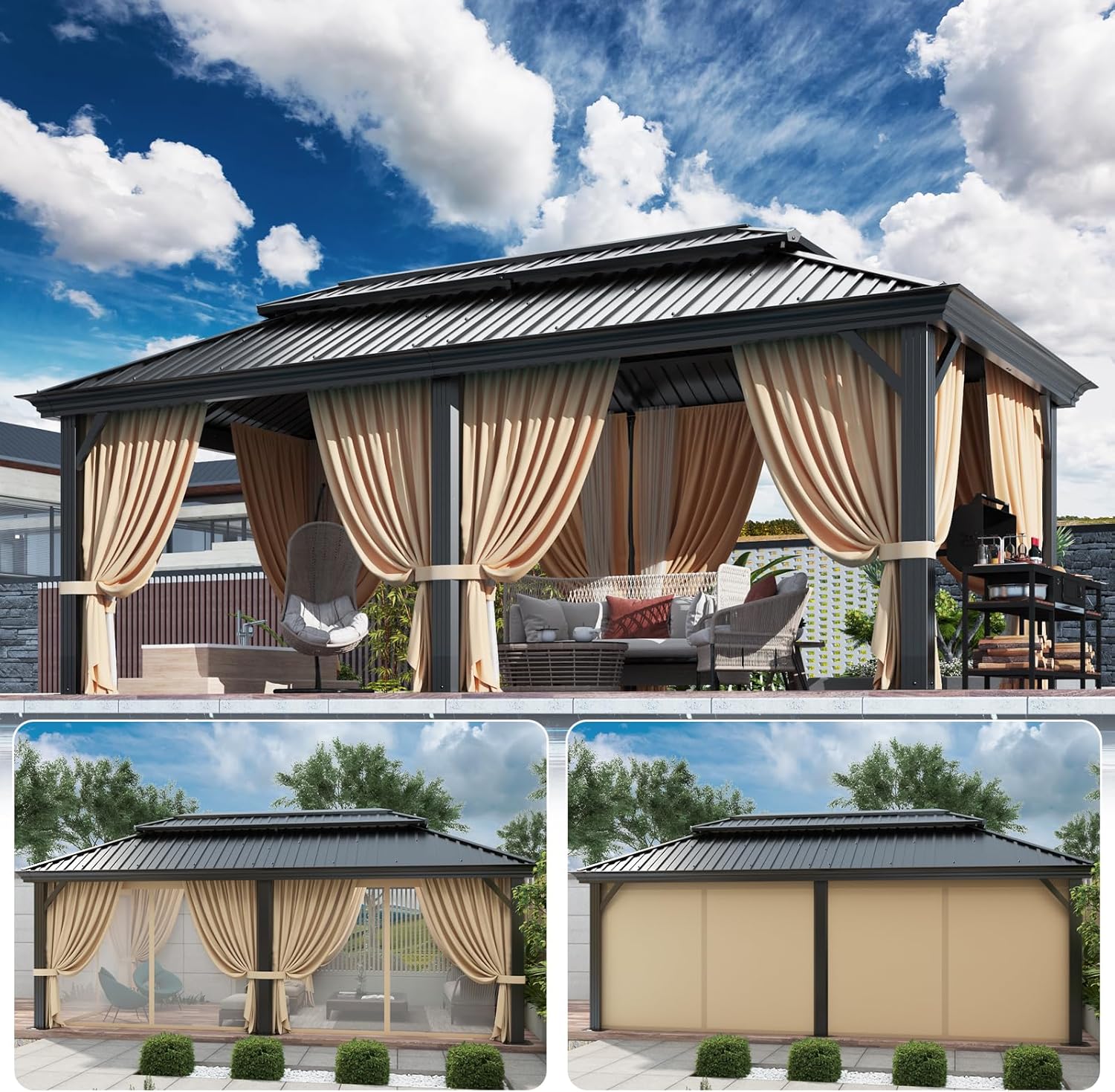 HOTEEL 12x20 Gazebo with Metal Roof Heavy Duty Hardtop Gazebo with Flame-Retardant Curtain & Netting, Hot Tub Gazebos with Galvanized Steel Double Roof, Outdoor Canopy for Patio, Party (Upgraded 3.0)