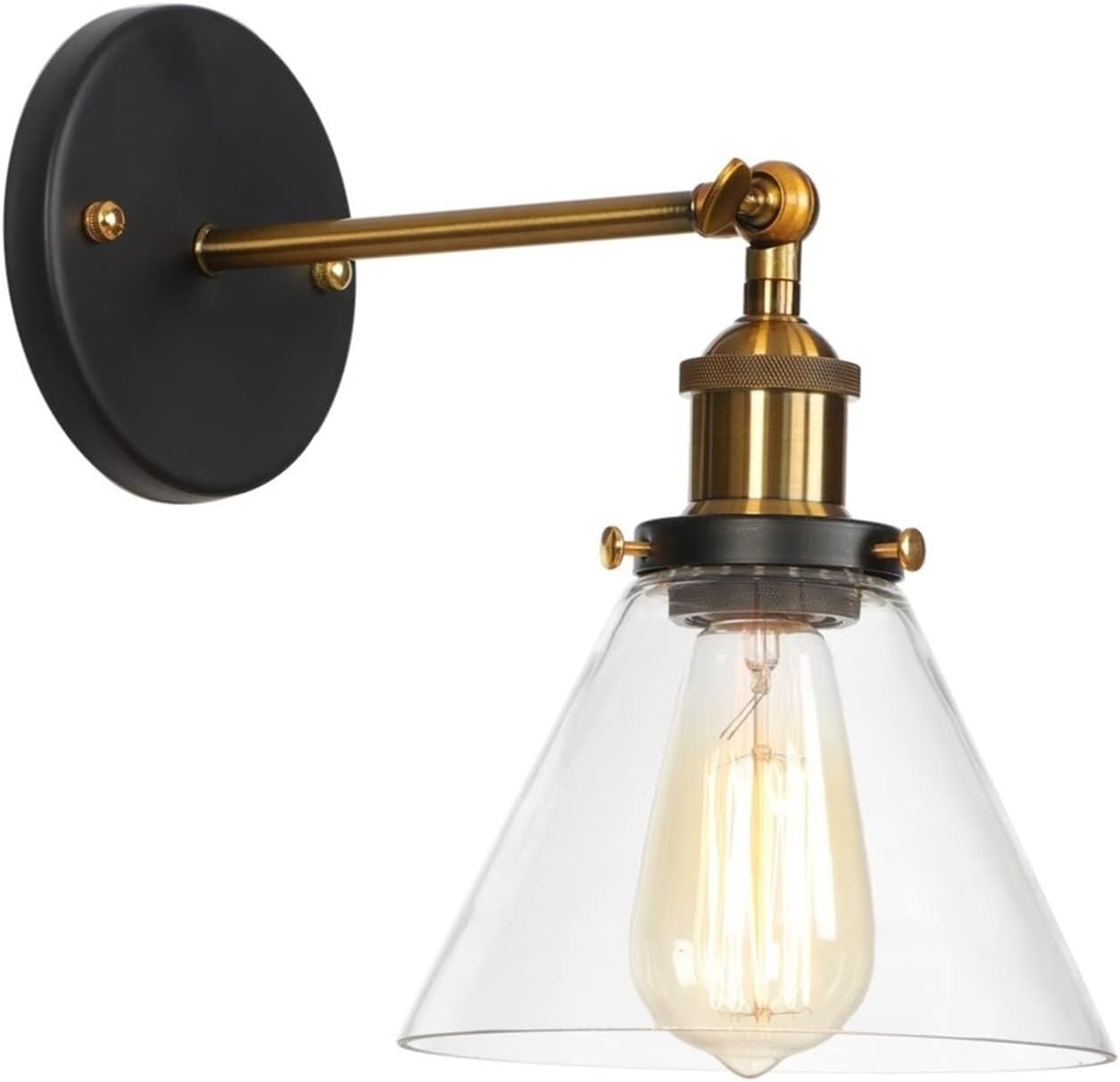 PAYAER Industrial Vintage Wall Sconce,Swing Arm Wall Lamp with Clear Glass Shade, E27 Brass Socket, Black Finish Indoor Lighting Fixture for Bedroom Living Room