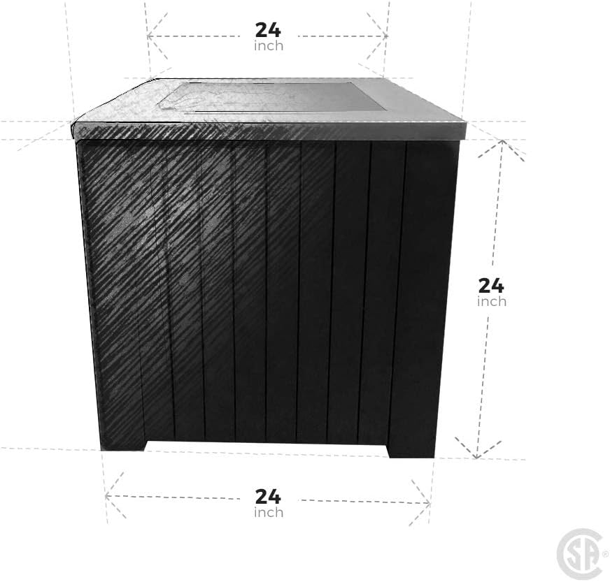 MASE 24-Inch Square Small Outdoor Patio Propane Gas Fire Pit Table.304 Stainless Steel Tabletop w/Arctic Ice Glass Rocks and Black Powder Coating Aluminum Body. No Assembly Required