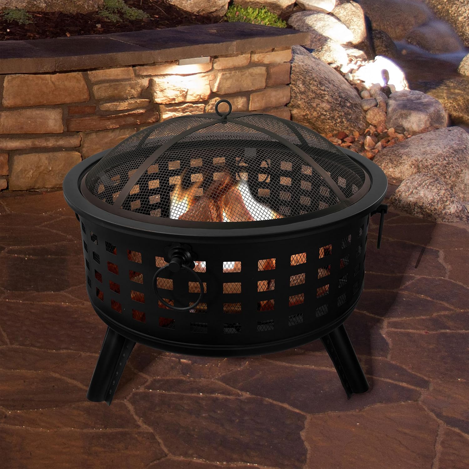Outdoor Fire Pit - 26-Inch Round Lattice Wood Burning Firepit with Screen, Poker, Grate and Cover - Wood Fire Pits & Outdoor Fireplaces by Pure Garden