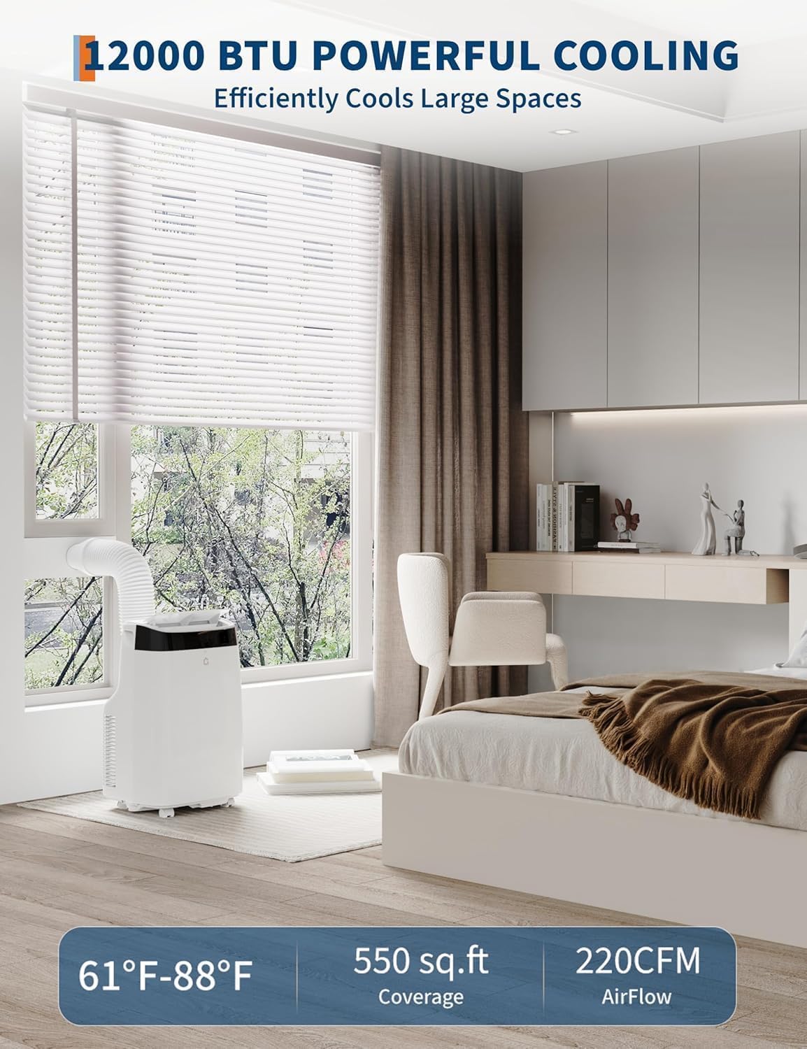 12,000 BTU Portable Air Conditioner, Cools Up to 550 Sq. Ft, 3-In-1 Room Air Conditioner With Drainage-Free, 48db Quiet Operation, Remote Control, 24Hrs Timer, Easy Install Kit for Home