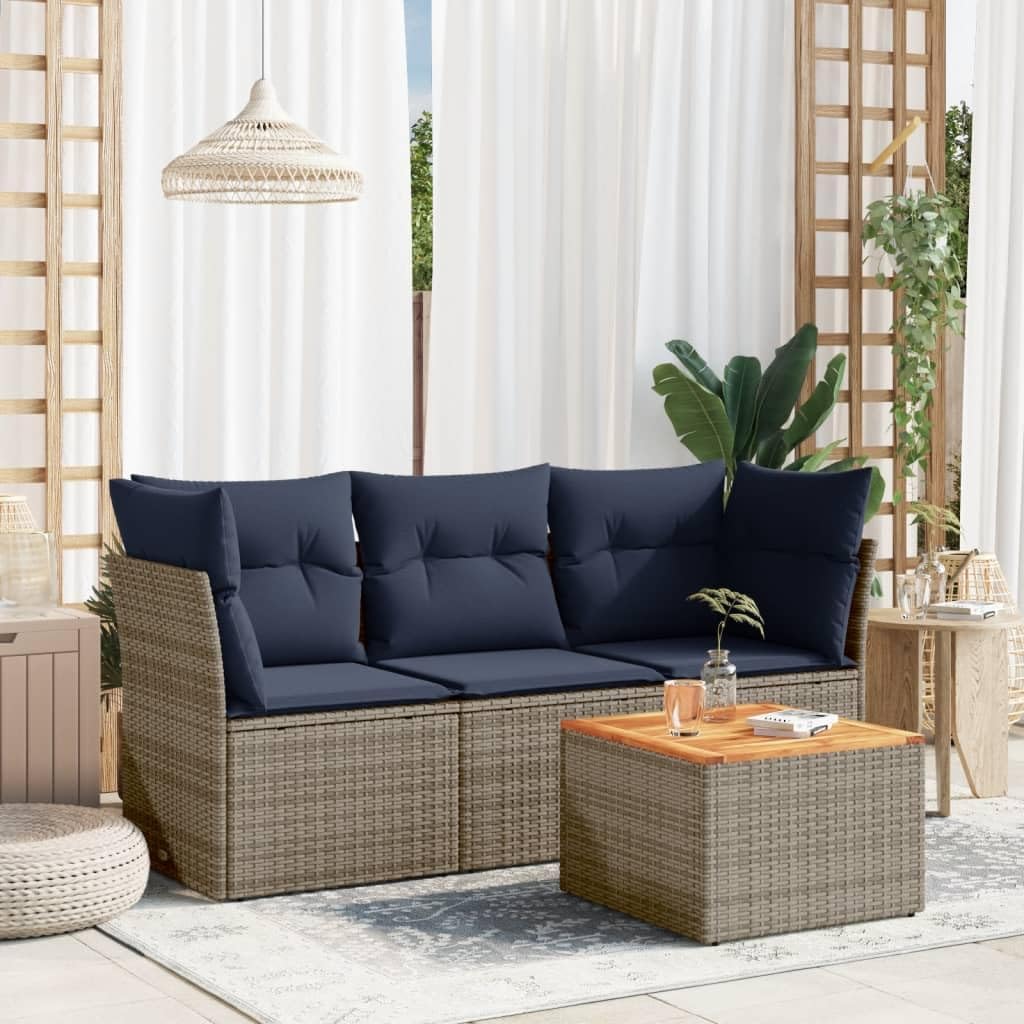 4 Piece Patio Sofa Set, Gray Poly Rattan Outdoor Furniture with Cushions, Acacia Wood Tabletop, Garden Balcony Deck, UV-Proof