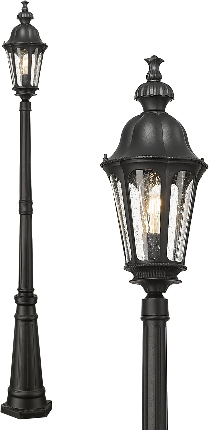 HWH Outdoor Pole Lights with Post 85'' Aluminum Lamp Post Light Fixtures with Seeded Glass, Exterior Hardwired Street Light for Outside Yard Garden Pathway, Matte Black, 5HW90PL BK