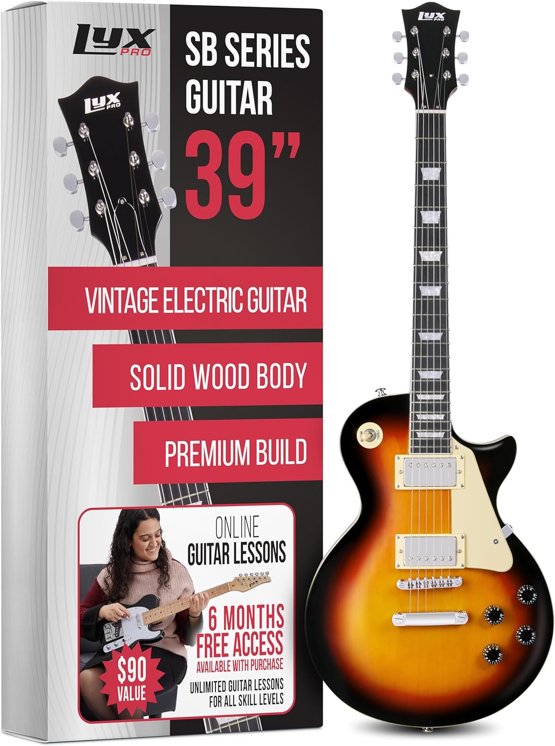 LyxPro 39” SB Series Electric Guitar, LP Style for Beginner, Intermediate & Pro Players Solid Body Guitar, Bonus 2-Pack of Picks, Mahogany Wood, Volume/Tone Controls, 3-Way Pickup - Sunburst