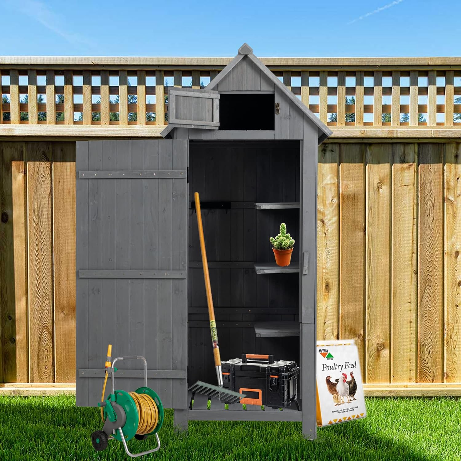 Outdoor Storage Tool Shed Cabinet, Wooden Garden Shed with Waterproof Roof and Spacious Storage Space for Courtyard, Lawn, Backyard, 30.3”L X 21.3”W X 70.5”H (Grey)