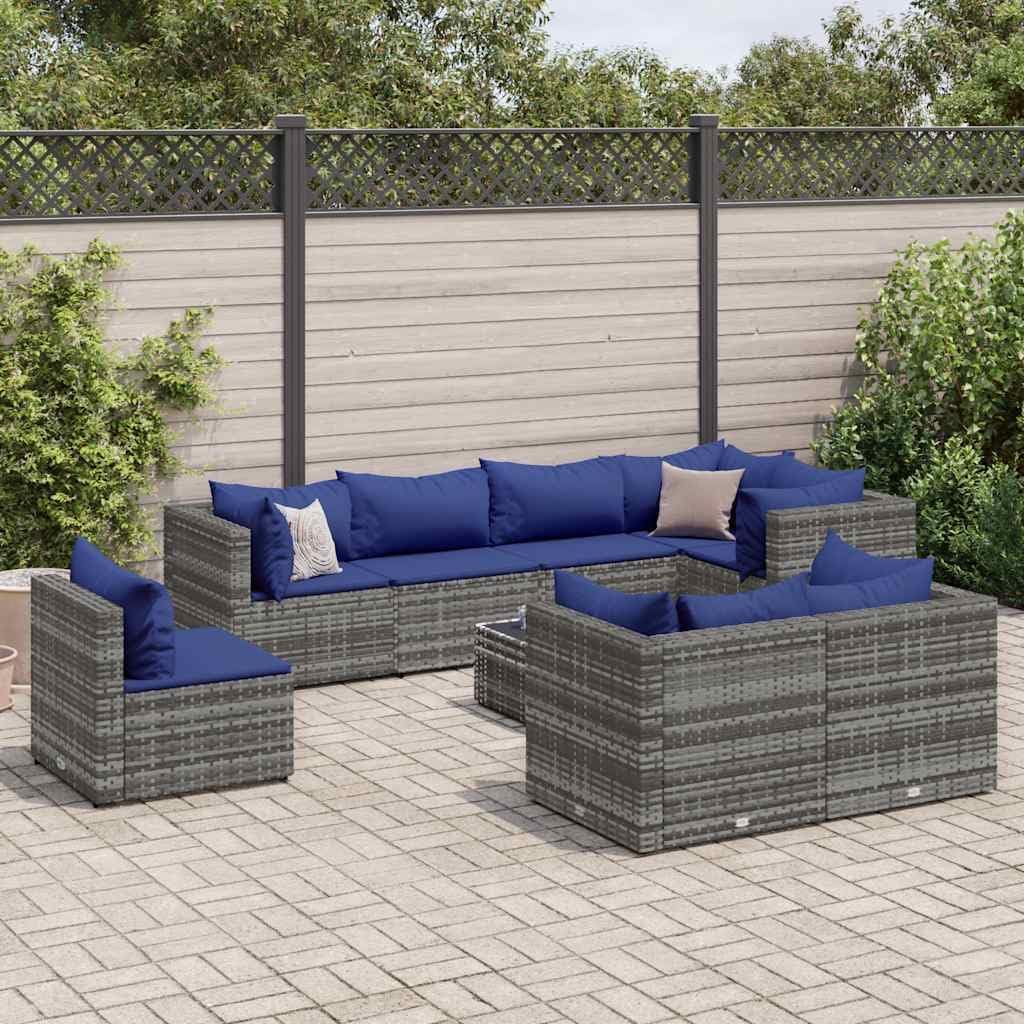 8-Piece Patio Lounge Set, Gray Poly Rattan Outdoor Sectional Sofa with Cushions, Modular Garden Furniture for 9 People