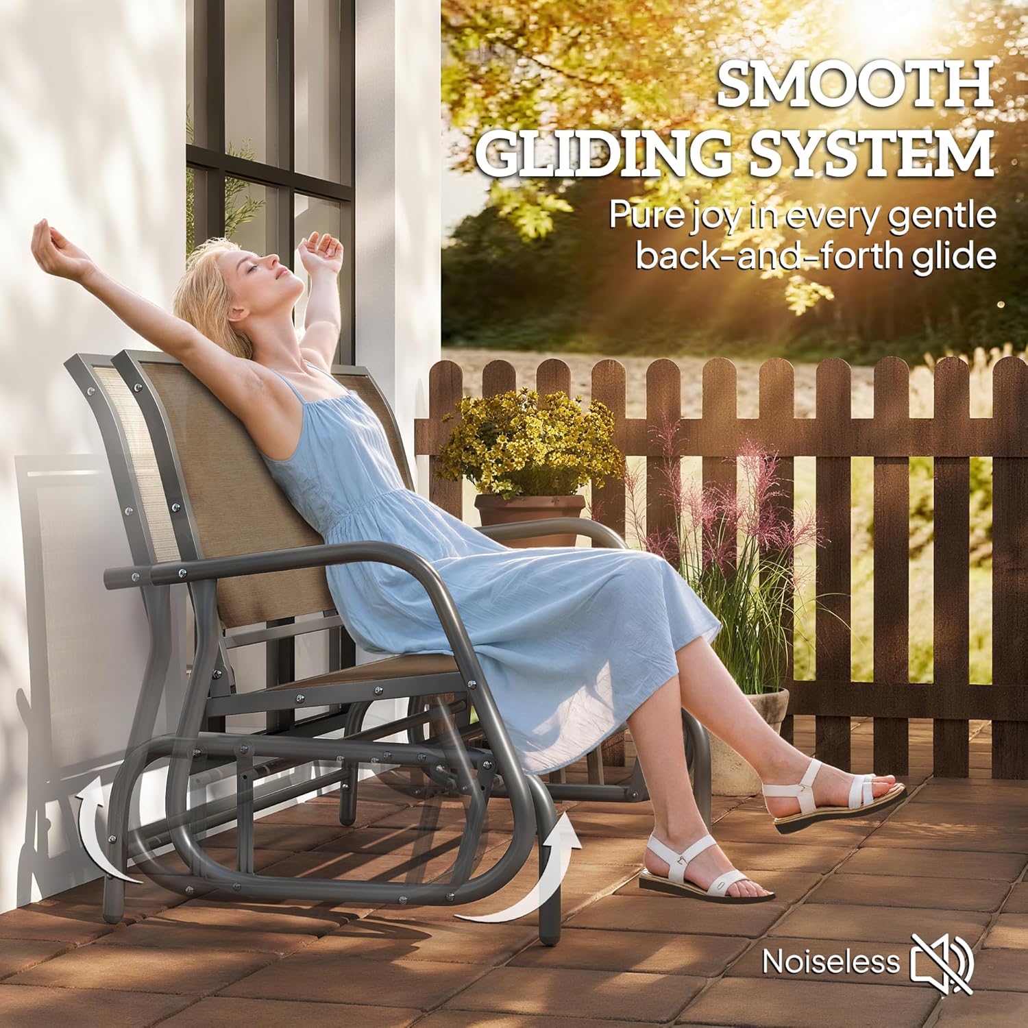 Outsunny 2-Person Outdoor Glider Bench, Patio Double Swing Rocking Chair Loveseat w/Powder Coated Steel Frame for Backyard Garden Porch, Light Mixed Brown