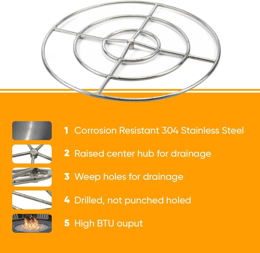 HPC Round Match Lit Fire Pit Burner Kit with 30-Inch Stainless Steel Burner and 36-Inch Flat Pan, Natural Gas, Polished Chrome, with Flange, Key, Valve, Flex Line and Fittings