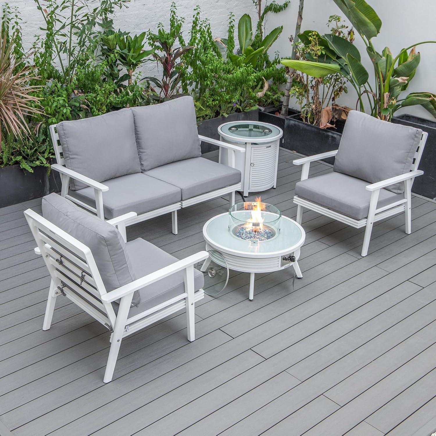 LeisureMod Walbrooke Modern Aluminum 5-Piece Patio Conversation Set with Outdoor Round Fire Pit Slats Design & Side Table Tank Holder, Grey