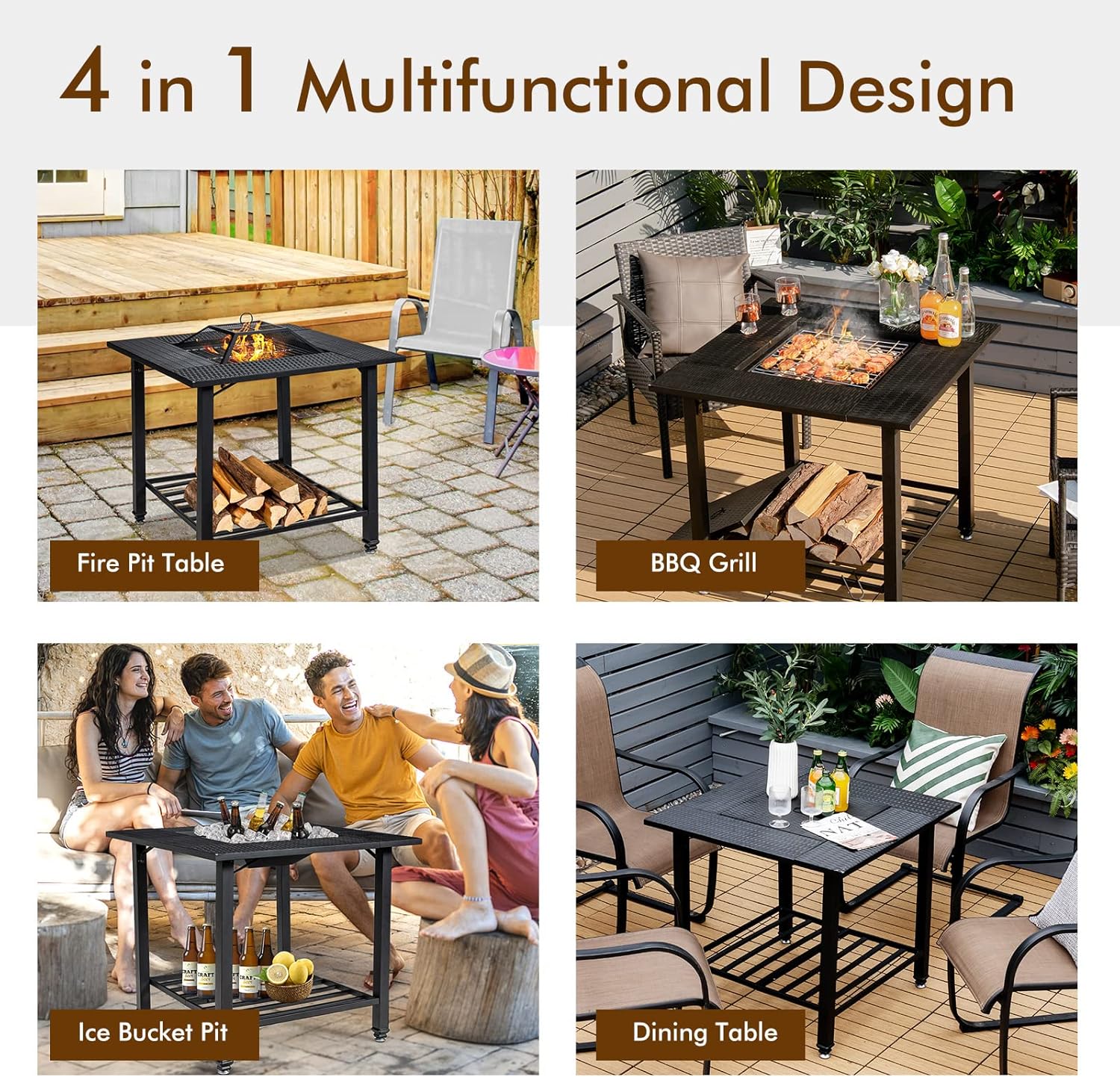 Tangkula 4 in 1 Outdoor Fire Pit, Heavy Duty Metal Square Wood Burning Fire Pit with Spark Screen Cover, Removable Lid, Cooking Grate, Log Grate and Fire Poker, BBQ Garden Fireplace for Heating