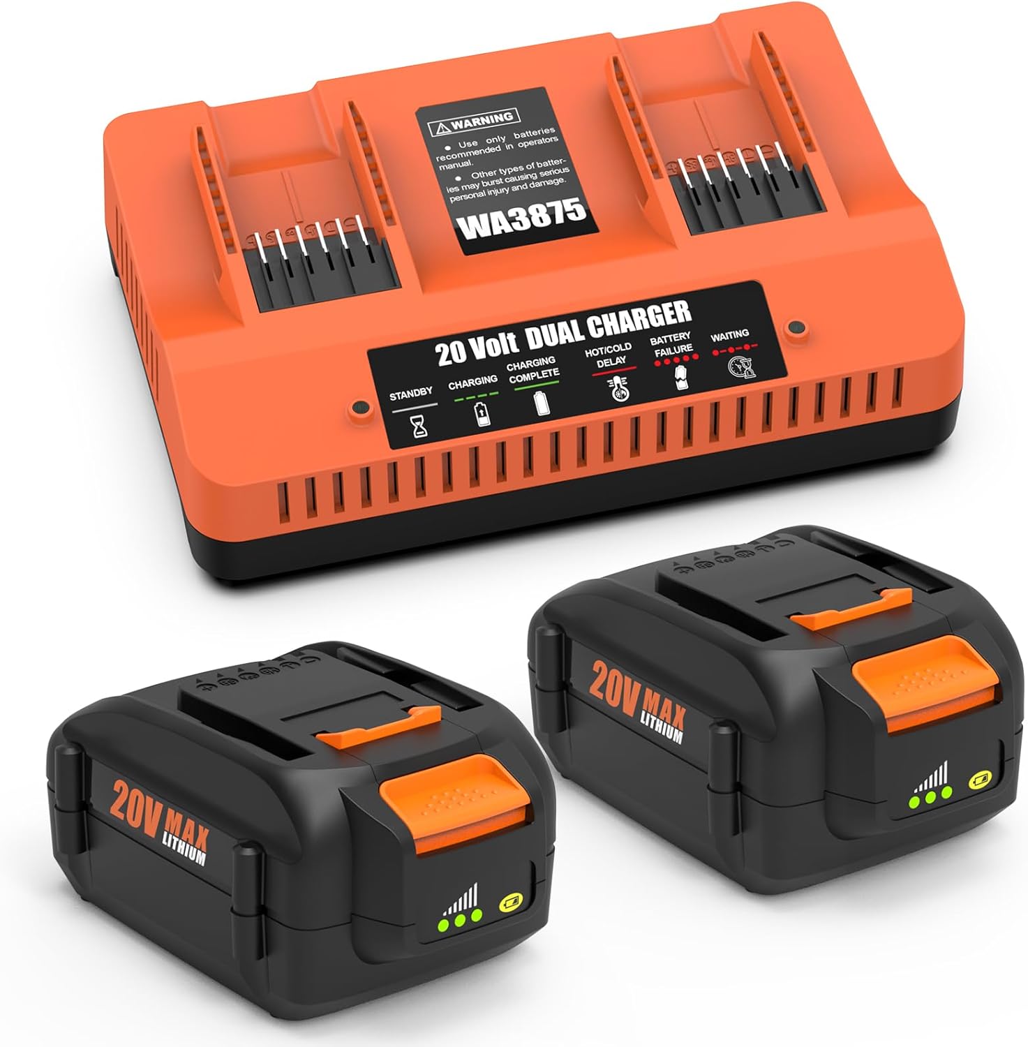 2Pack 20V 6.0 Ah Battery Replacement for Worx WA3525, WA3520, WA3575, WA3578 and 20 Volt Dual Port Battery Charger Replacement WA3875