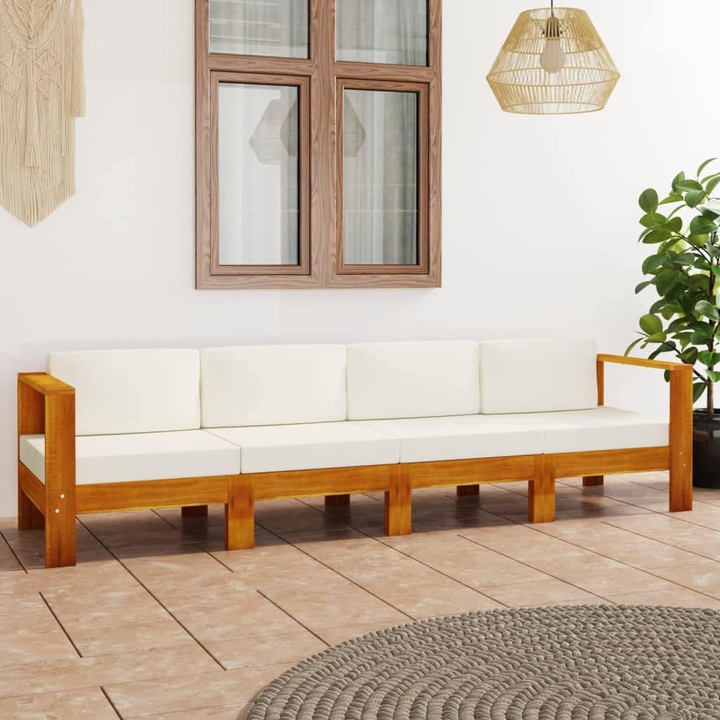Furniture Sets 4-Seater Patio Sofa with Cream White Cushions Solid Acacia Wood,4Seater Acacia Wood Patio Sofa with Cushions for Outdoor Garden, Patio or Balcony Garden Conversation Sets