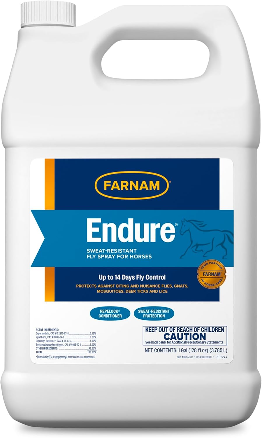 Farnam Endure Sweat-Resistant Fly Spray for Horses, Sweat-Rsistant Formula Lasts Up to 14 Days, Kills and Repels Against Flies, Gnats, Mosquitoes, Ticks & Lice, 128 oz.