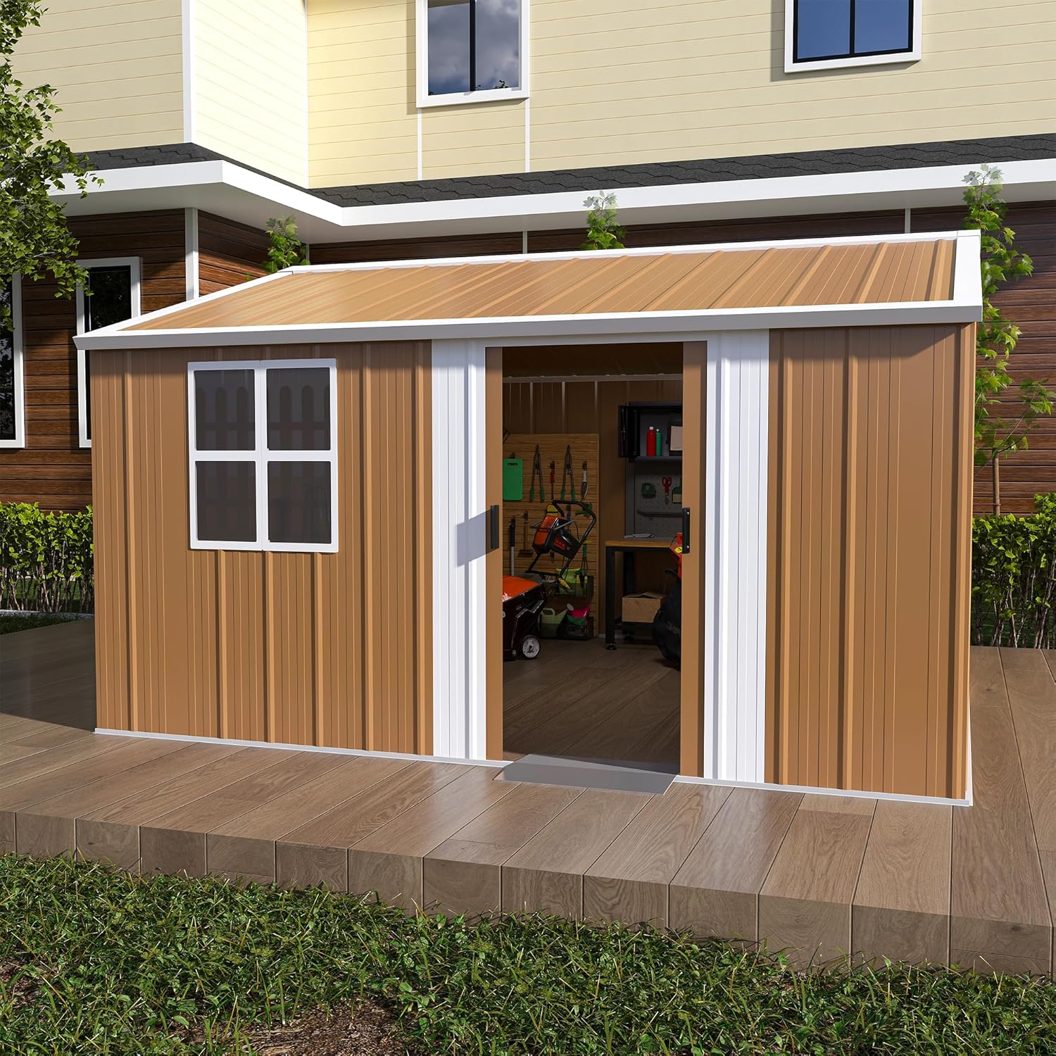 10X12 FT Heavy-Duty Outdoor Metal Storage Shed with Windows, Lockable Sliding Door & Ventilation - Weatherproof Outdoor Garden Shed for Backyard, Lawn, Tool Organization & Pet House (Brown, 10X12 FT)