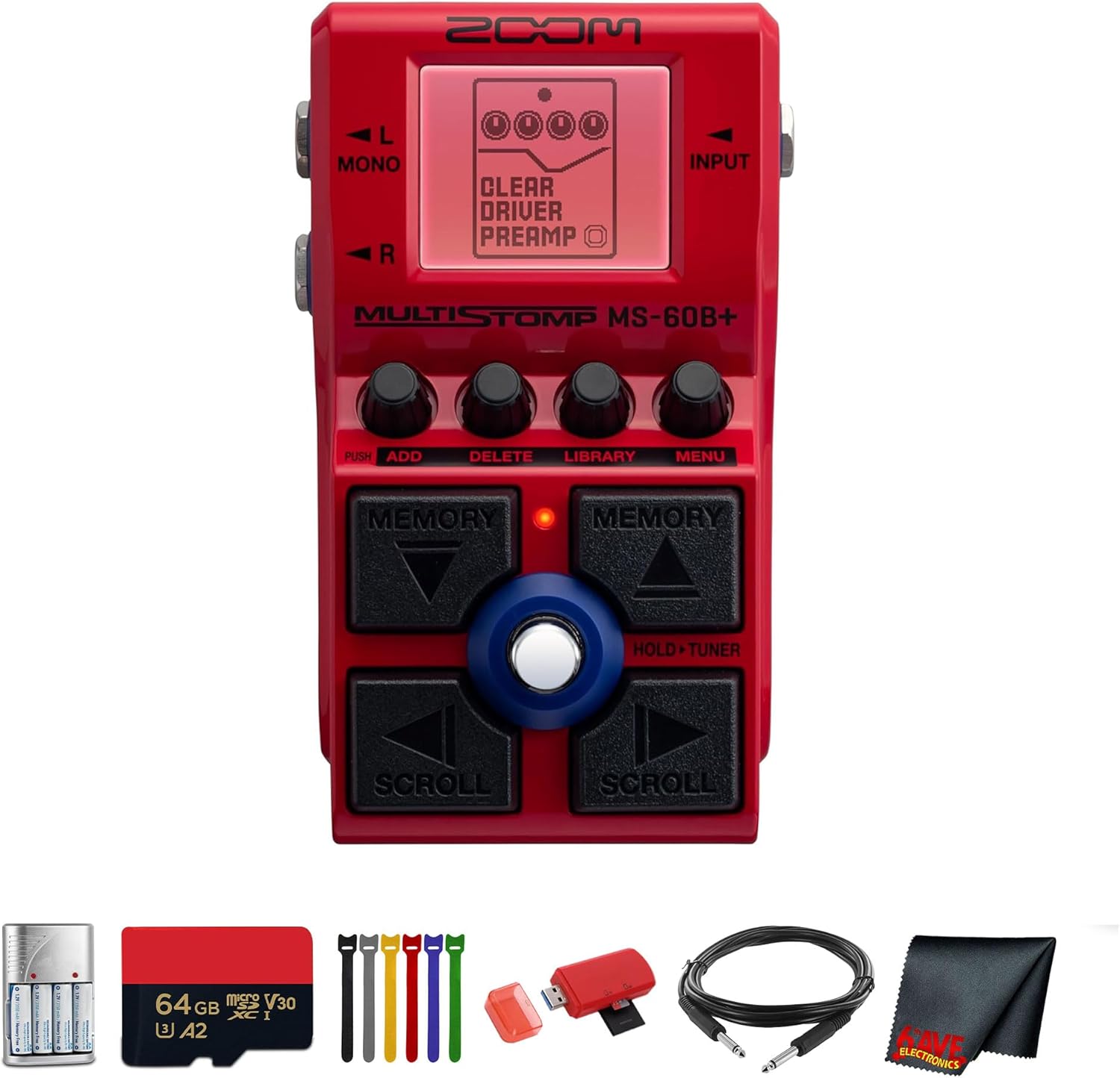 Zoom MS-60B+ MultiStomp Multi-FX Bass Pedal Bundle With Microfiber Cleaning Cloth + 4x AA Batteries With Charger + Balanced Interconnect 1/4 inch TRS to Same Cable