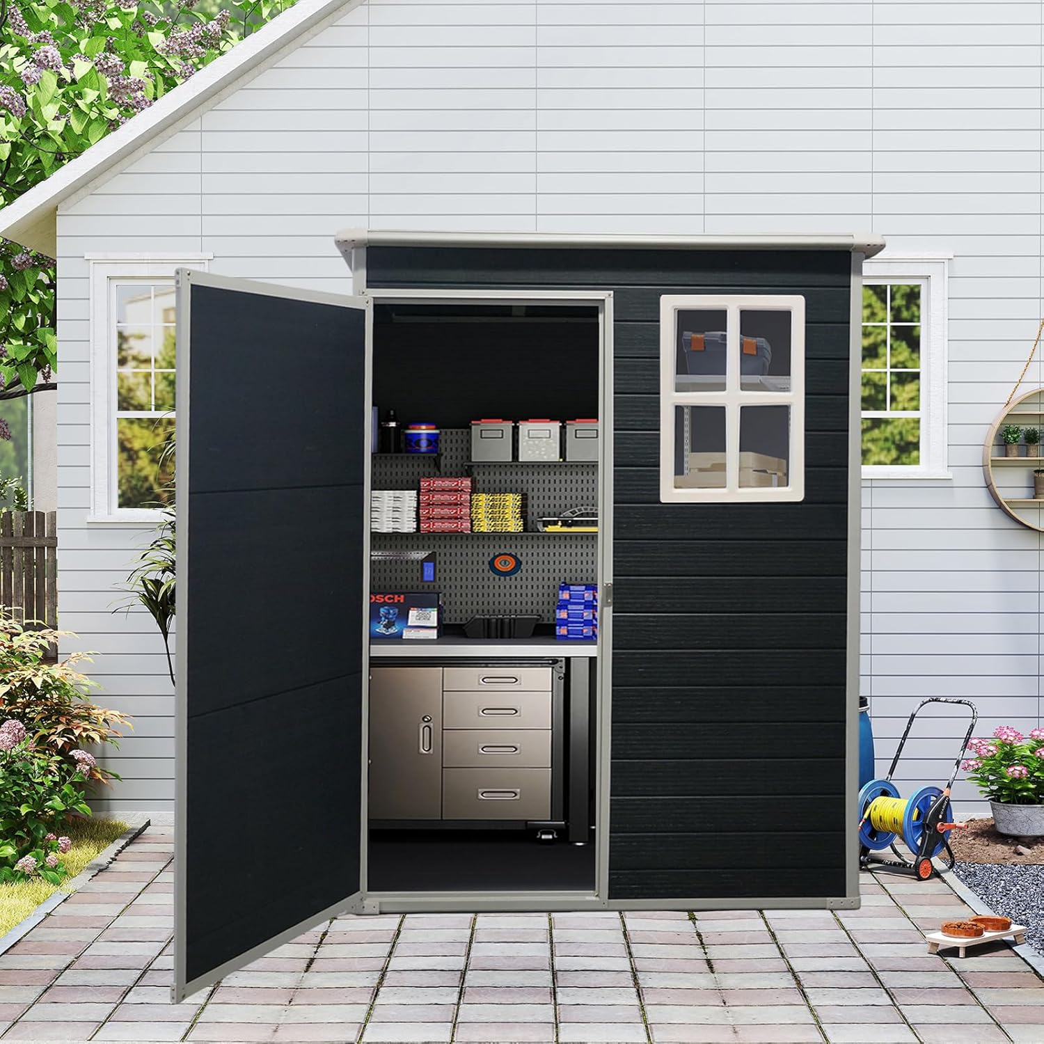 Outdoor Storage Shed 5 x 3 FT Resin Shed with Floor and Window, Sloping Roof Outdoor Shed with Lockable Door, Plastic Tool Shed for Patio, Garden, Backyard, Yard, Lawn, Black