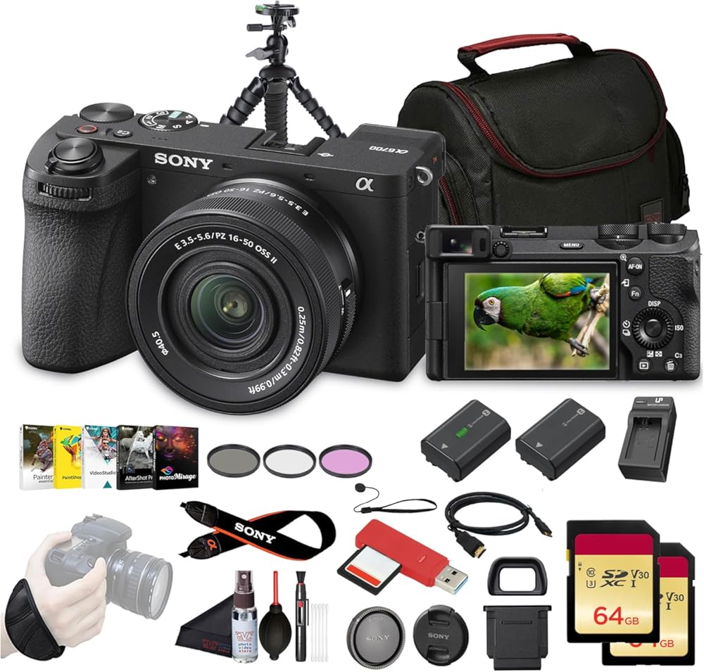 Sony a6700 Vlogger Mirrorless Camera with 16-50mm II Lens + 2 x 64GB Tough Memory Card + 2 x NP-FZ100 Battery + Photo Software + Filter Kit + Charger + Case + Flexible Tripod + More