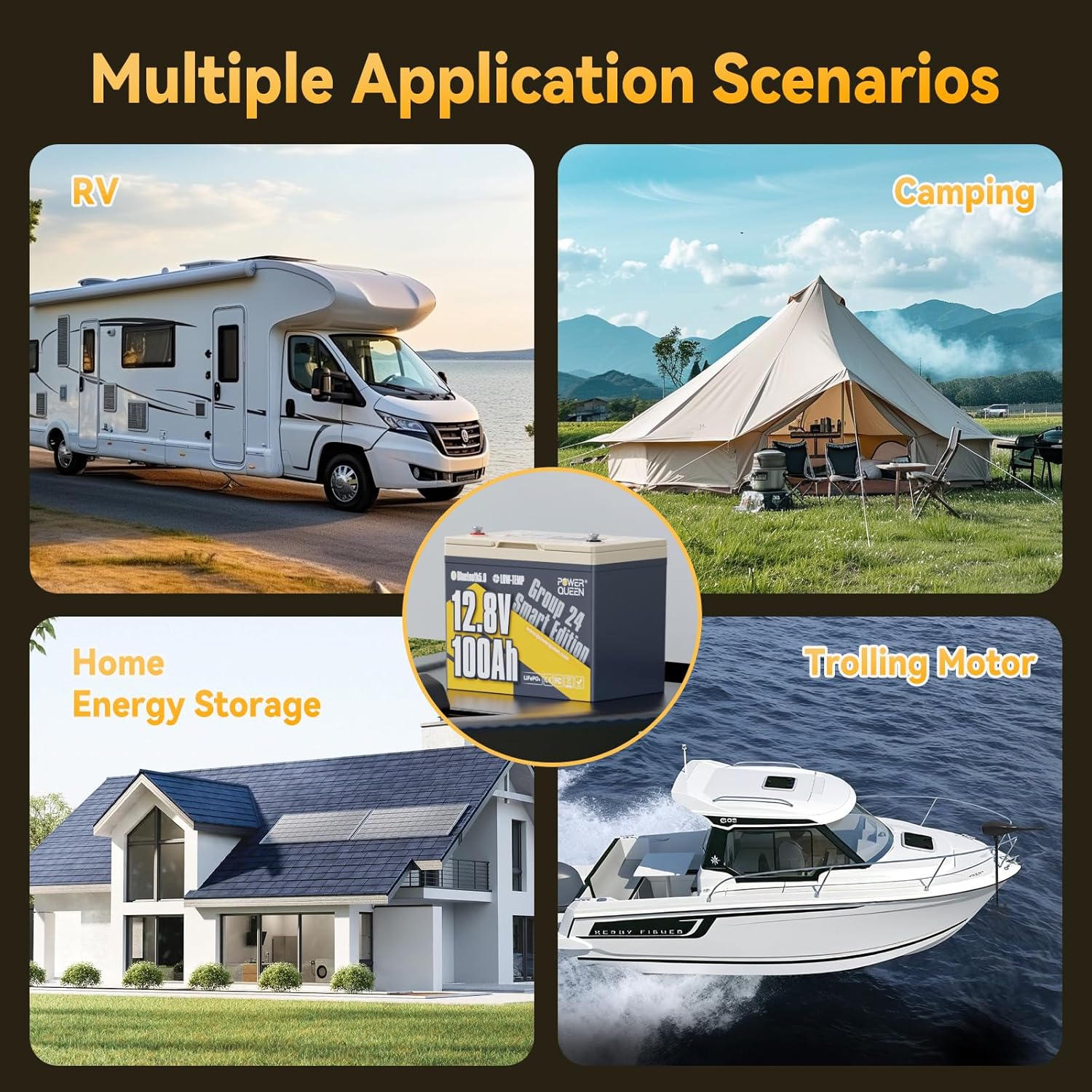 power queen 12V 100Ah Bluetooth LiFePO4 Battery, Group 24 Deep Cycle Battery Max. Output Power 1280W, 100A BMS with Low-Temp Cut-Off Protection for RV, Trolling Motors, Solar System