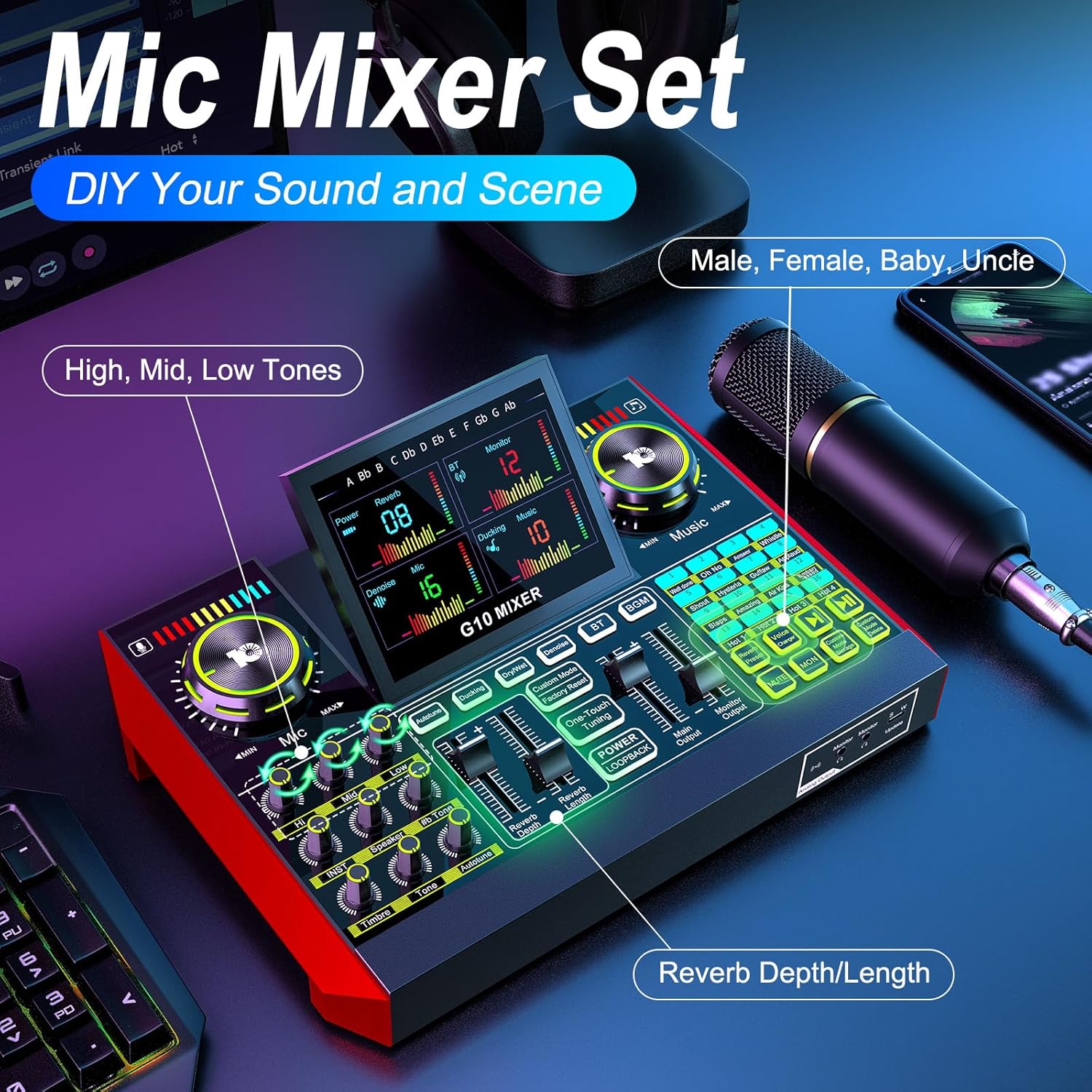 Podcast Microphone Bundle with Live Sound Card Audio Mixer, Podcast Equipment Bundle with 3.5mm BM800 Microphone for Pc/Youtube Live Streaming Singing Gaming, Sound Board with Voice Changer, Denoise