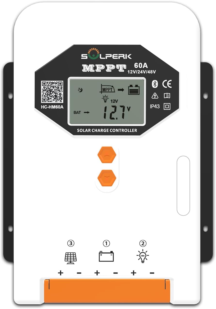 SOLPERK MPPT Solar Charge Controller, 60A 12V/24V/48V Auto, Input LCD Display Regulator Intelligent Solar Panel Regulator for LiFePO4, SLD,Gel Sealed, Lithium, AGM, Flooded Battery