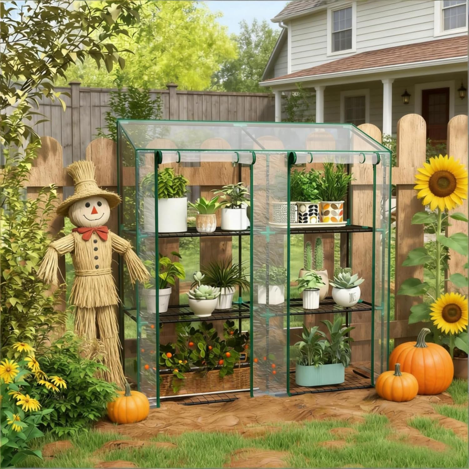 Portable Greenhouse for Indoor and Outdoor, Lean-to Greenhouse with 3 Tier Shelves & 2 Roll-Up Zippered Doors, Small Plastic Green House with PE Cover for Garden, Backyard & Balcony