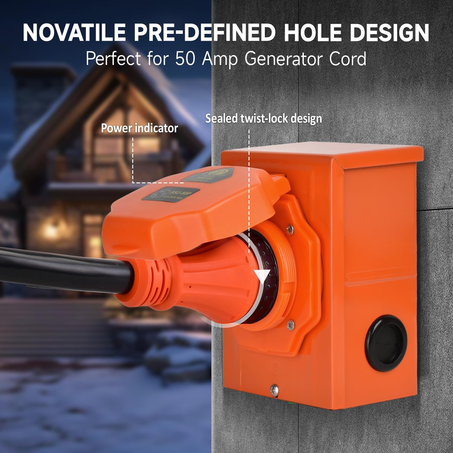 H HZXVOGEN 50 Amp Generator Cord and Power Inlet Box Kit, 25FT RV Extension Cord NEMA 14-50P/SS2-50R STW 6/3+8/1 AWG Power Cord with Pre-Drilled Generator Inlet Box Twist Lock Connector, UL&ETL Listed