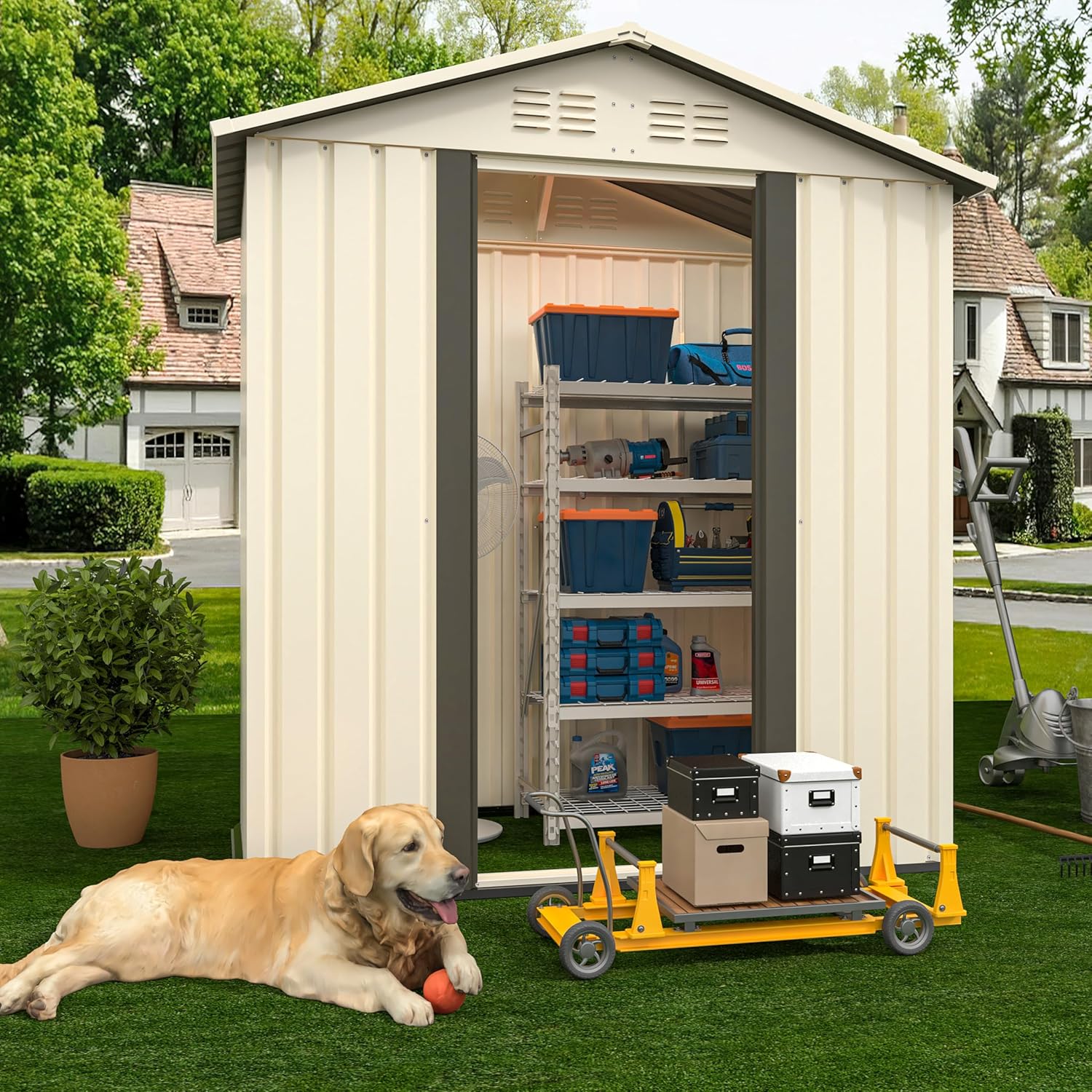 5x3 FT Shed Outdoor Storage Shed Metal Garden Shed with Lockable Doors & Slooping Roof Tool Shed Bike Shed for Backyard, Patio, Poolside (Cream White)