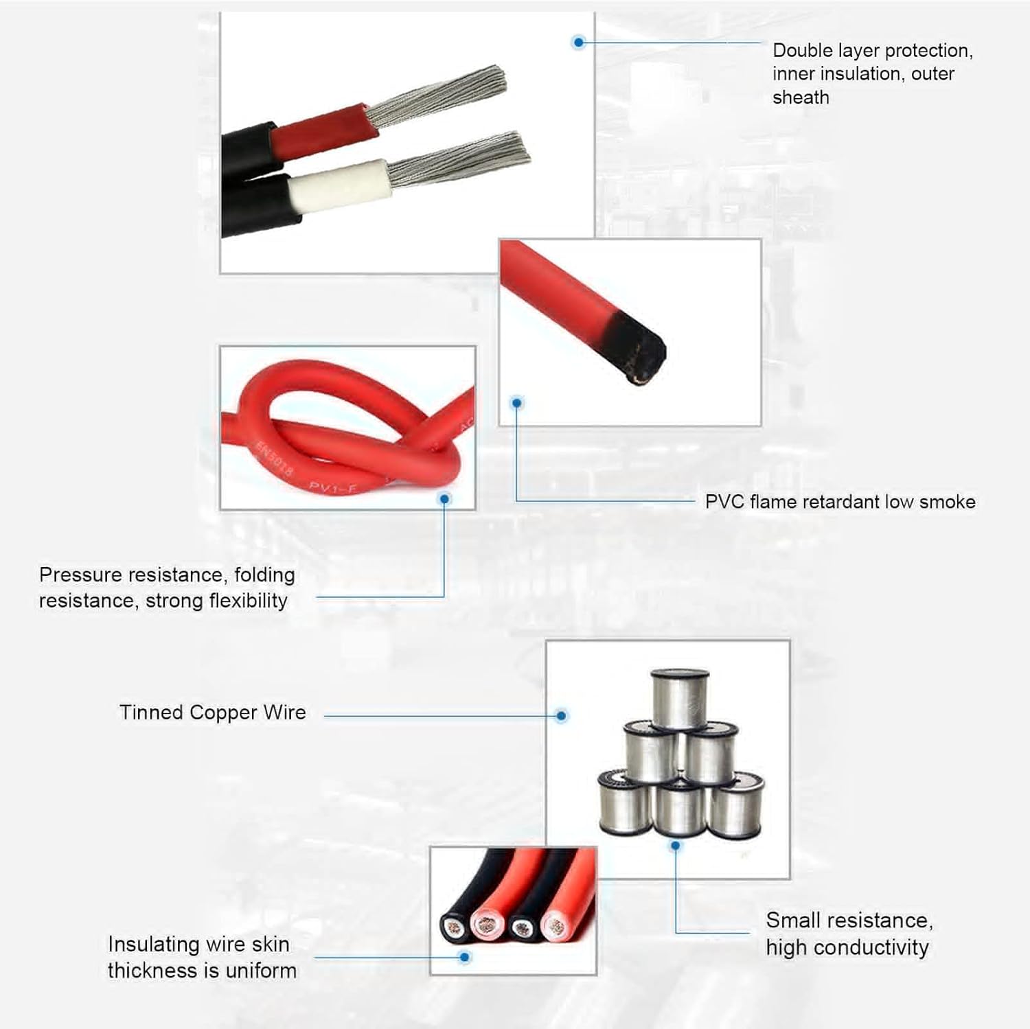 Solar PV Wire, 6 Photovoltaic Cable Solar Photovoltaic Cable Double Layer Insulation Tinned Copper, Solar and Wind Power Parts and Accessories (Black 50m/164ft)