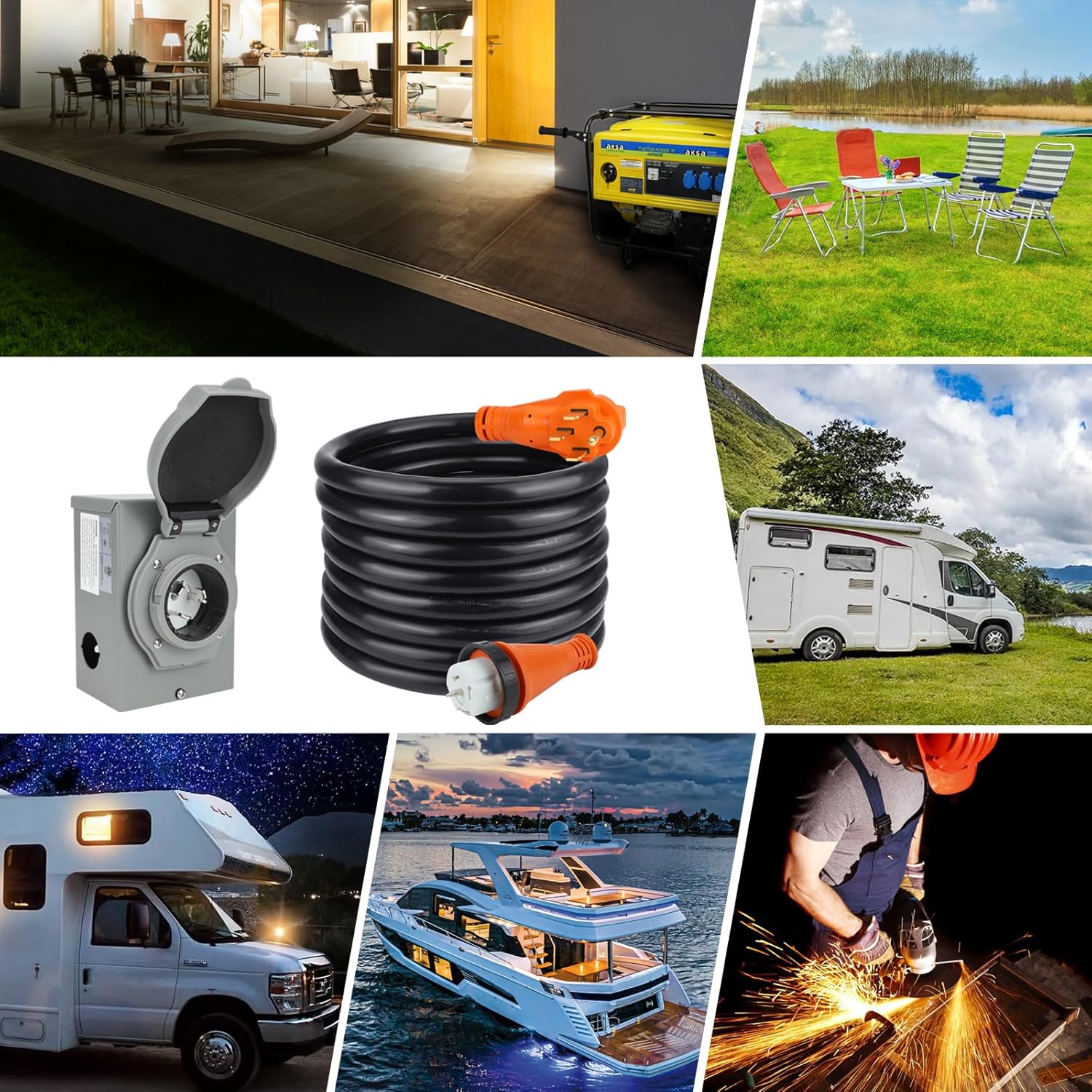 TIPHOPE 50Amp Generator Cord 25FT and Power Inlet Box,125/250V,4 Prong NEMA 14-50P to SS2-50R Generator Cable with NEMA SS2-50P Pre-Drilled Generator Inlet Box for Generator to House,Waterproof