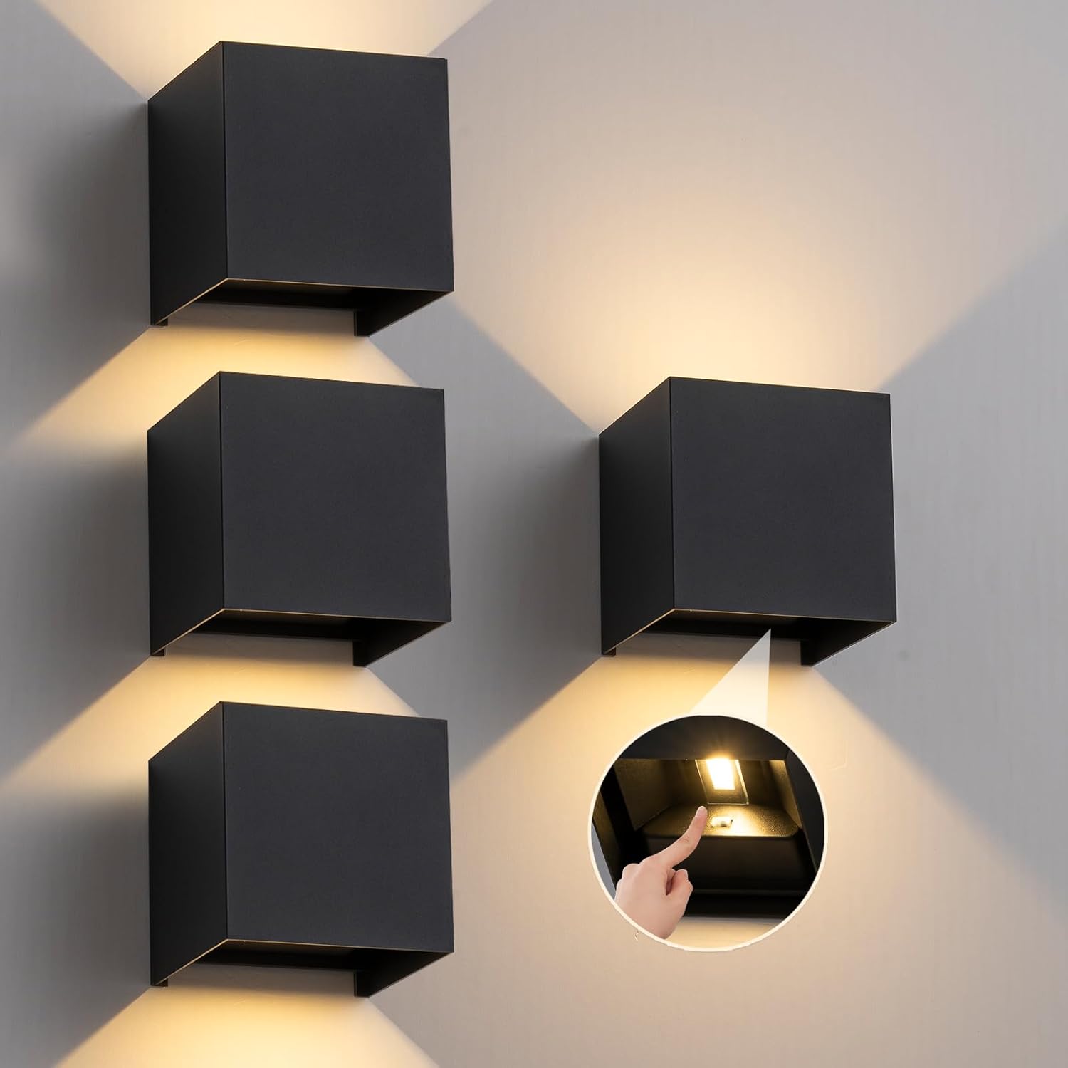 4 Pack LED Outdoor Wall Sconces Exterior/Interior,Modern Black Square Aluminum Wall Light Fixture Set,Variable Beam IP65 Waterproof Lights.15W 3-Color-Changeable Up and Down Outdoor Lighting Fixtures.