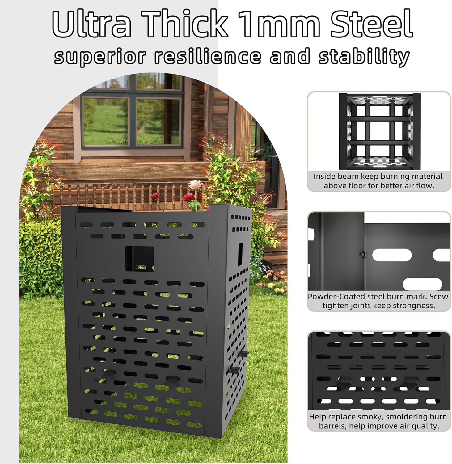 Burn Barrel for Outdoor Trash Burning – 30 Inch 63 Gallon Heavy Duty Fire Pit Cage with Ventilation, Waterproof Cover, High Temp Coated Steel Burn Bin for Backyard, Farm, Camping