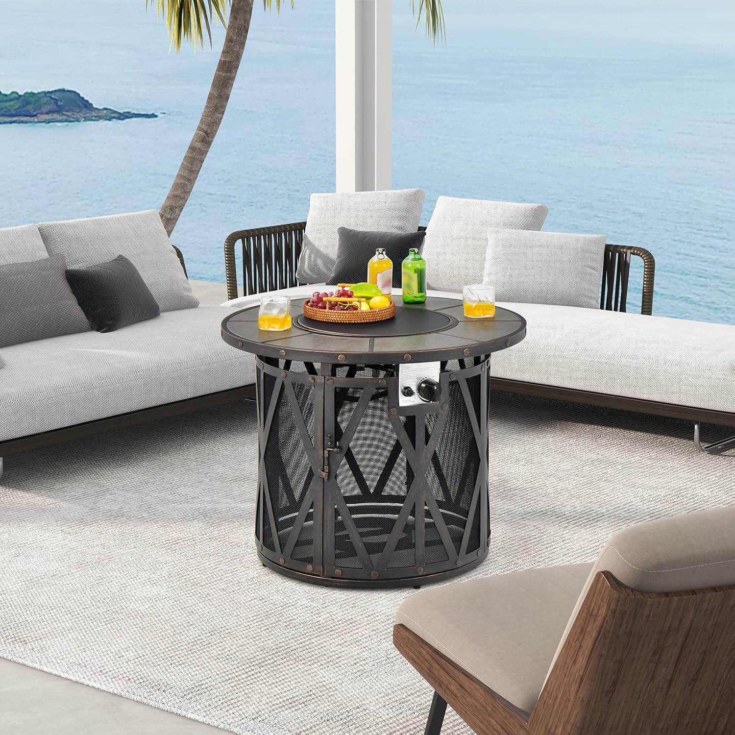 COSTWAY 32 Inch Outdoor Fire Pit Table, 30,000 BTU Round Metal Fire Table with Lid & PVC Cover & Glass Stones, CSA Approved, Fire Pit Table for Patio Garden Backyard Deck