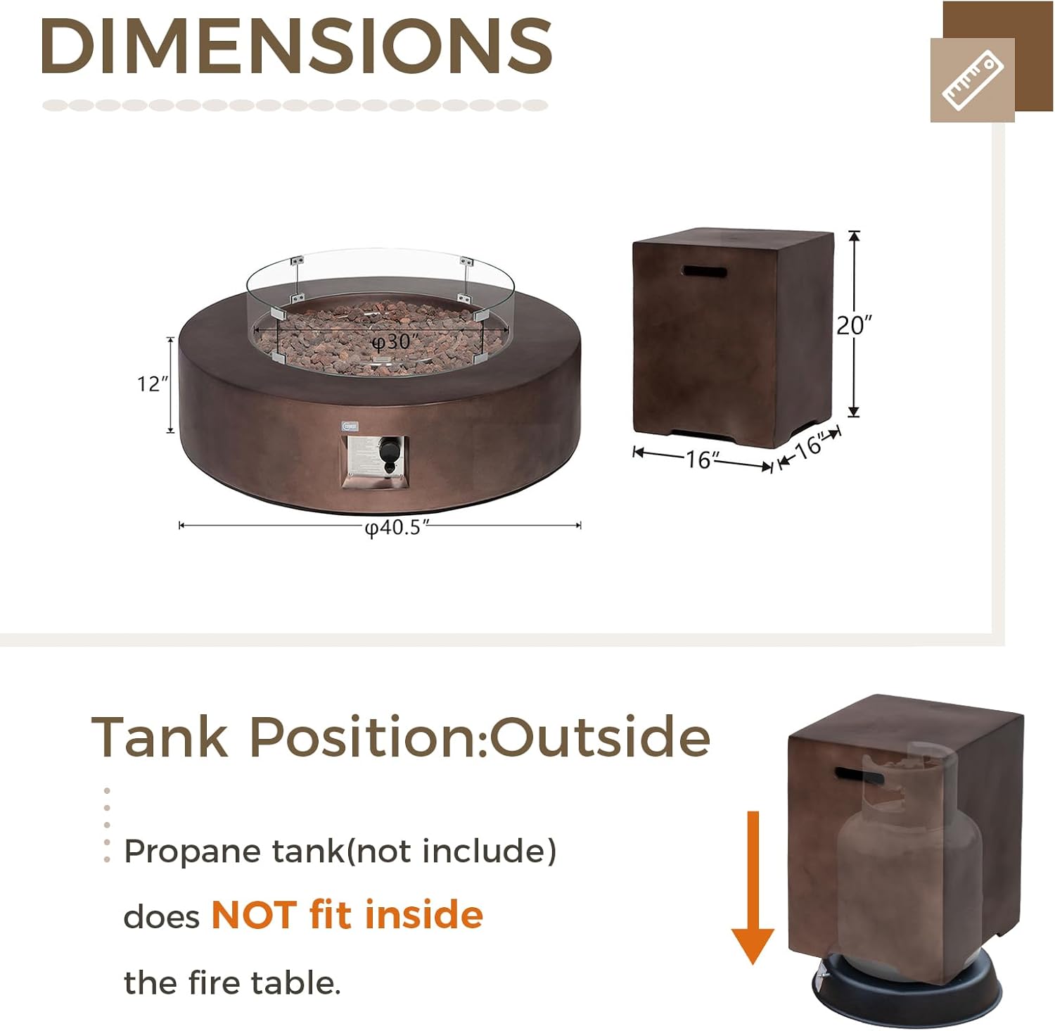 SUNBURY Outdoor Propane Fire Pit,Dark Brown Patio Fire Table 50000 BTU w 20 Gallon Tank Cover, Glass Wind Guard, Waterproof Cover